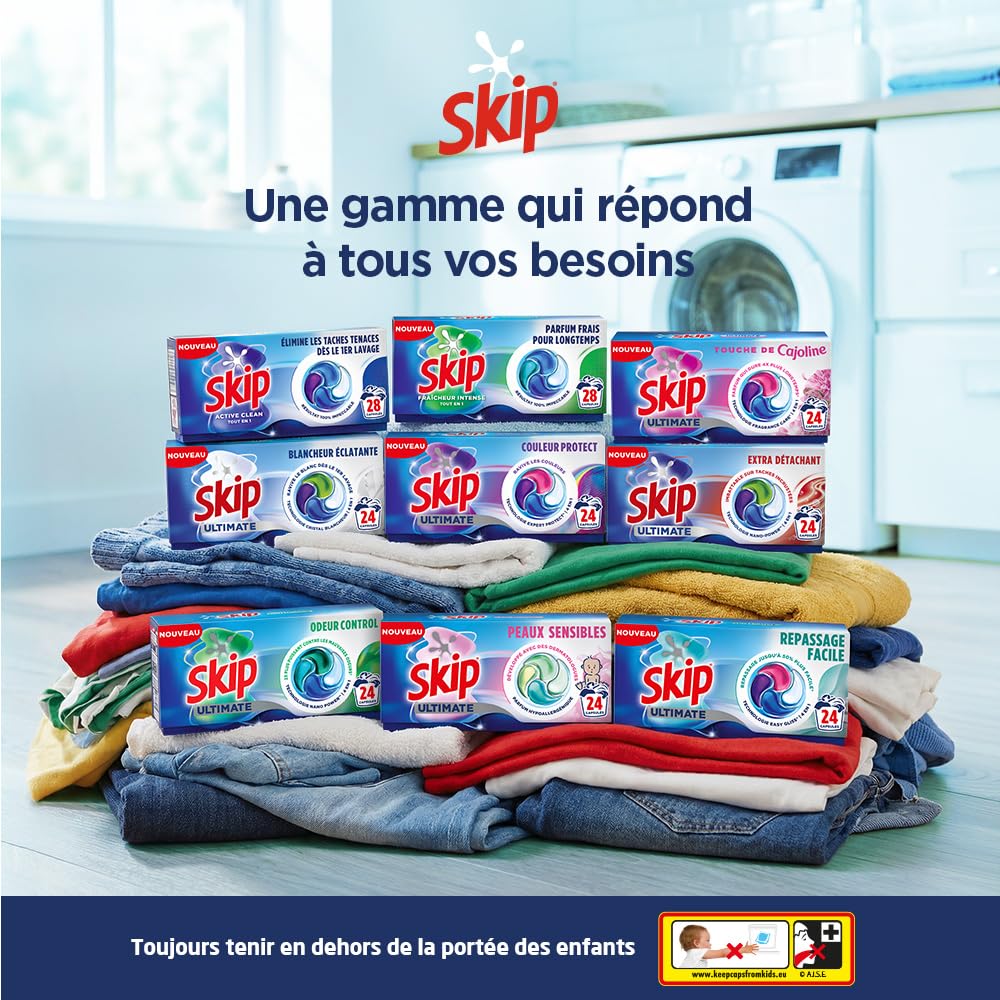 Skip - Capsules Lessive, Tout en 1, Fraîcheur Intense, 4x28 Lavages | Élimine les taches dès le premier lavage, efficace en cycle court et à froid, parfum longue durée, 112 capsules