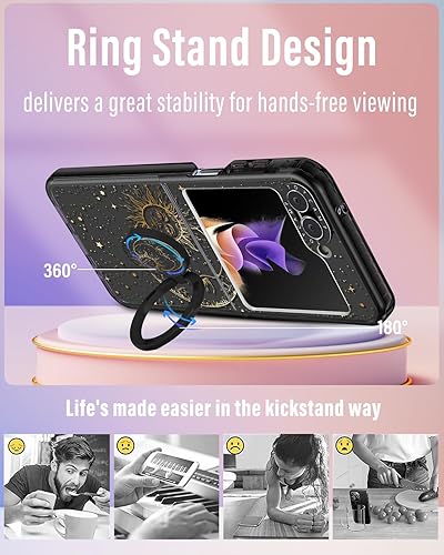 Miniatura 3 de Toycamp Funda para Samsung Galaxy Z Flip 4 con soporte para anillo, bonita y divertida funda de diseño de estrellas de sol y luna de bruja, a prueba