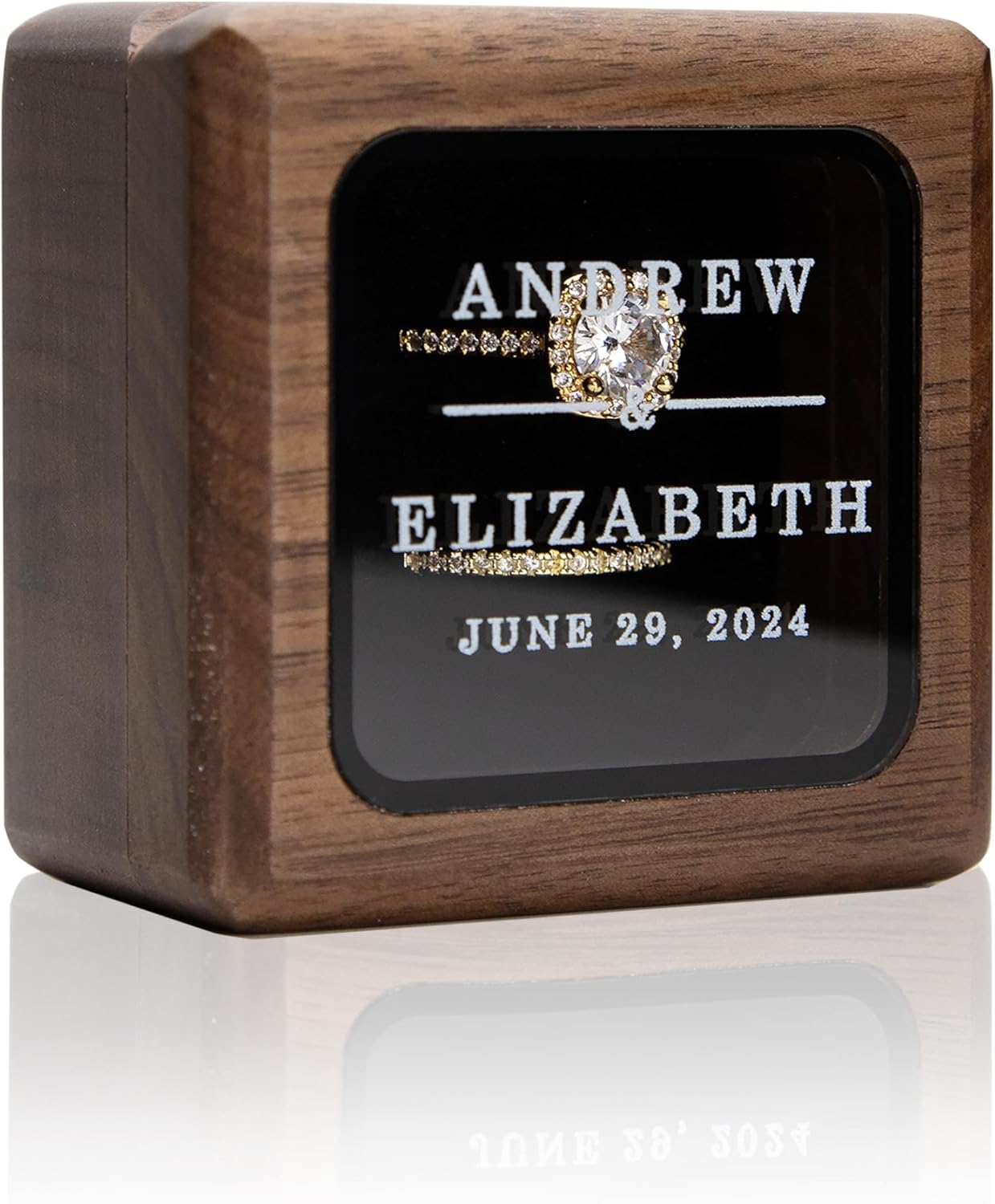MUUJEE Double Flip w/Glass Lid (Design 2) - Custom Dark Wood Ring Bearer Box with Clear Top & Velvet Foam for Wedding Ceremony Proposal Engagement Party Anniversary, Line Design, 2.25 x 2.25 x 1.75