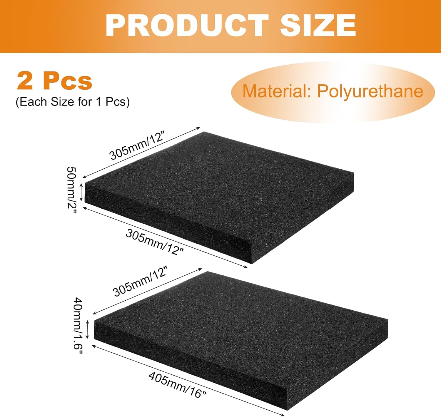 MECCANIXITY 2 Pcs Polyurethane Foam Inserts, 16"Lx12"Wx1.6"T & 12"Lx12"Wx2"T Cuttable Polyurethane Pick and Pluck Packing Sheets Cushioning Padding for Cases Tool Box Game Box Camera(Black)