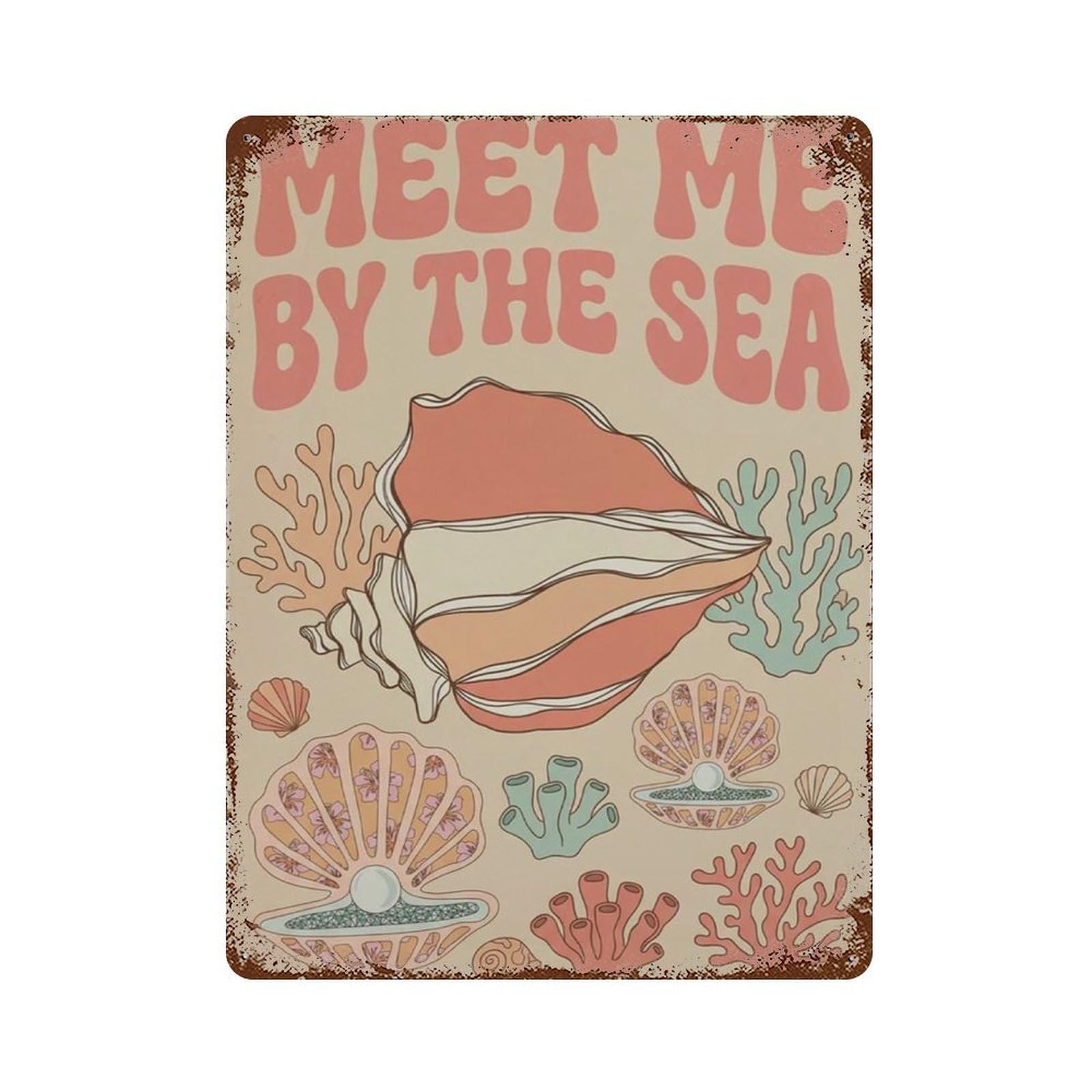 xiaoxiaoshen Meet Me By The Sea Coastal With Seashell Coral And Pearl Beach House Linocut Wall Decor Art Metal Tin Poster Modern Home Decor Art Home Bar Shop Decorations Vintage Sign 40x30cm