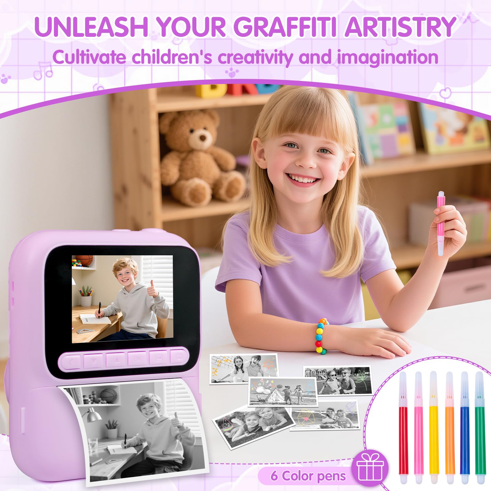 Appareil Photo Instantané, 2.4" Écran Appareil Photo Enfant avec Papier d'impression et Carte 32GB, 1080P Appareil Photo Numérique Enfant, Cadeau Jouet pour Enfant Garçons Filles de 3-14 Ans