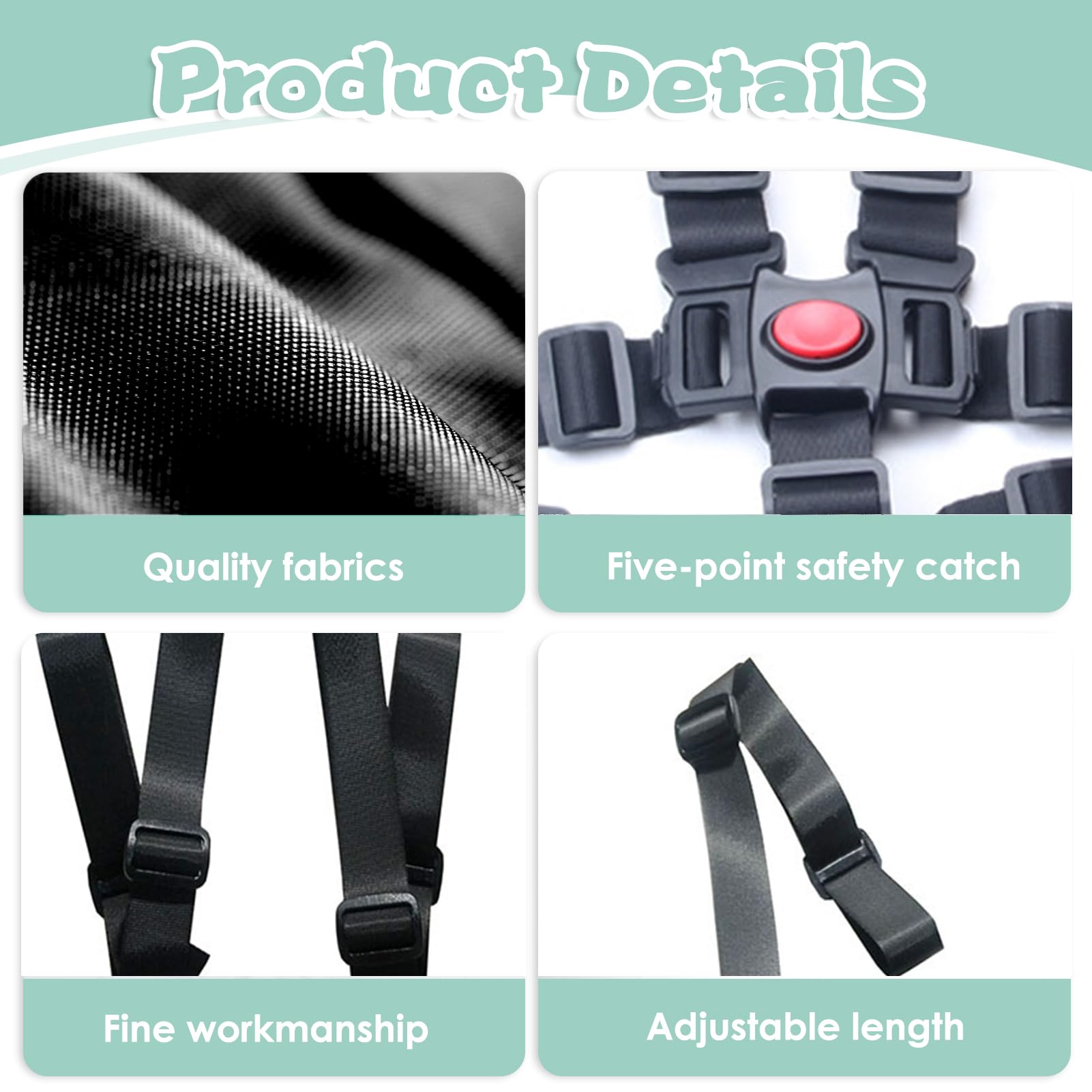 Cintura Di Sicurezza 5 Punti Per Seggiolone - Regolabile, Per Passeggino E Carrozzina (Nero)