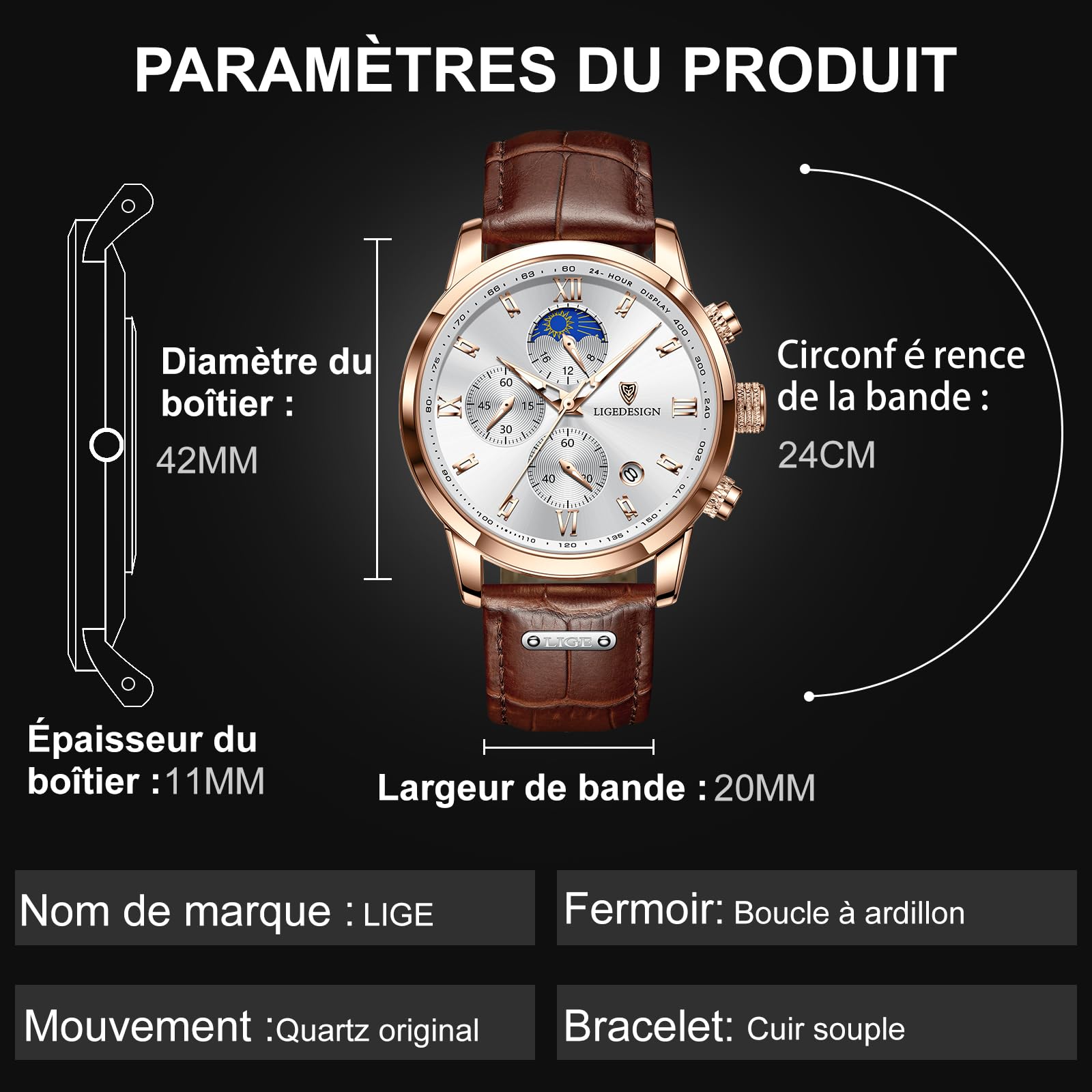 LIGE Montre Homme, Chronographe Quartz Analogique, Cadran Chronographe Jour-Lune, Bracelet en Cuir, Aiguilles Luminescentes, Affichage de la Date, Montre Homme Etanche 3ATM, Outdoor Décontracté