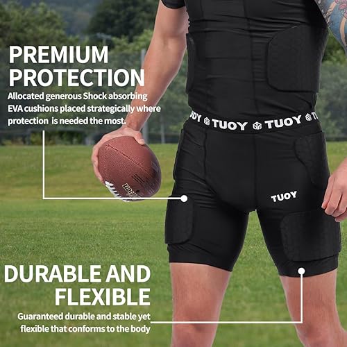 Miniatura 7 de Faja de fútbol acolchada para hombre, 5 almohadillas, almohadillas de fútbol integradas con protector de muslos para fútbol y béisbol