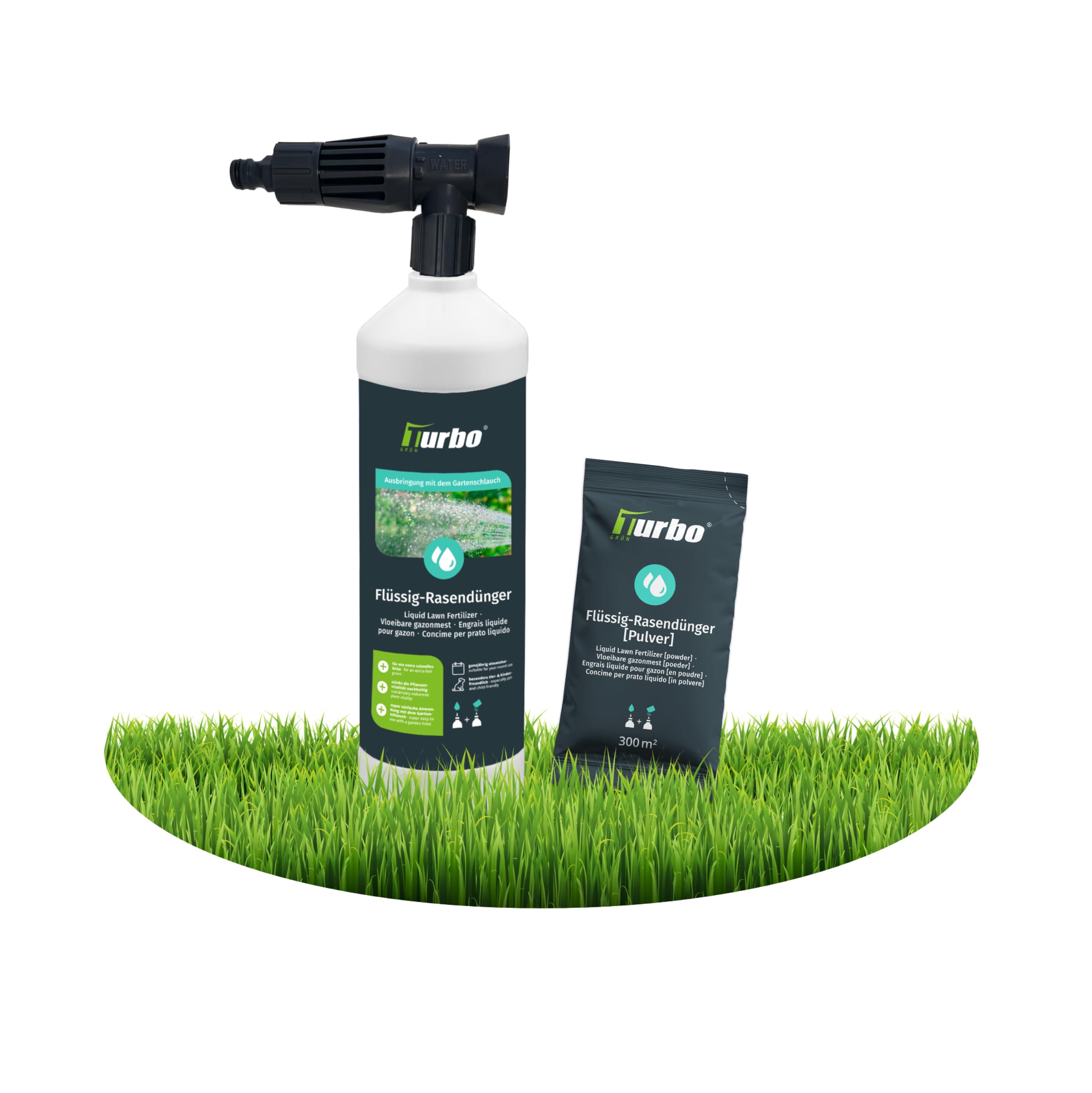 turbogrün® Rasendünger Flüssig für 300m², Ideal für Sommer und Frühjahr, einfach mit dem Gartenschlauch aufbringen, inkl. Sprühkopf