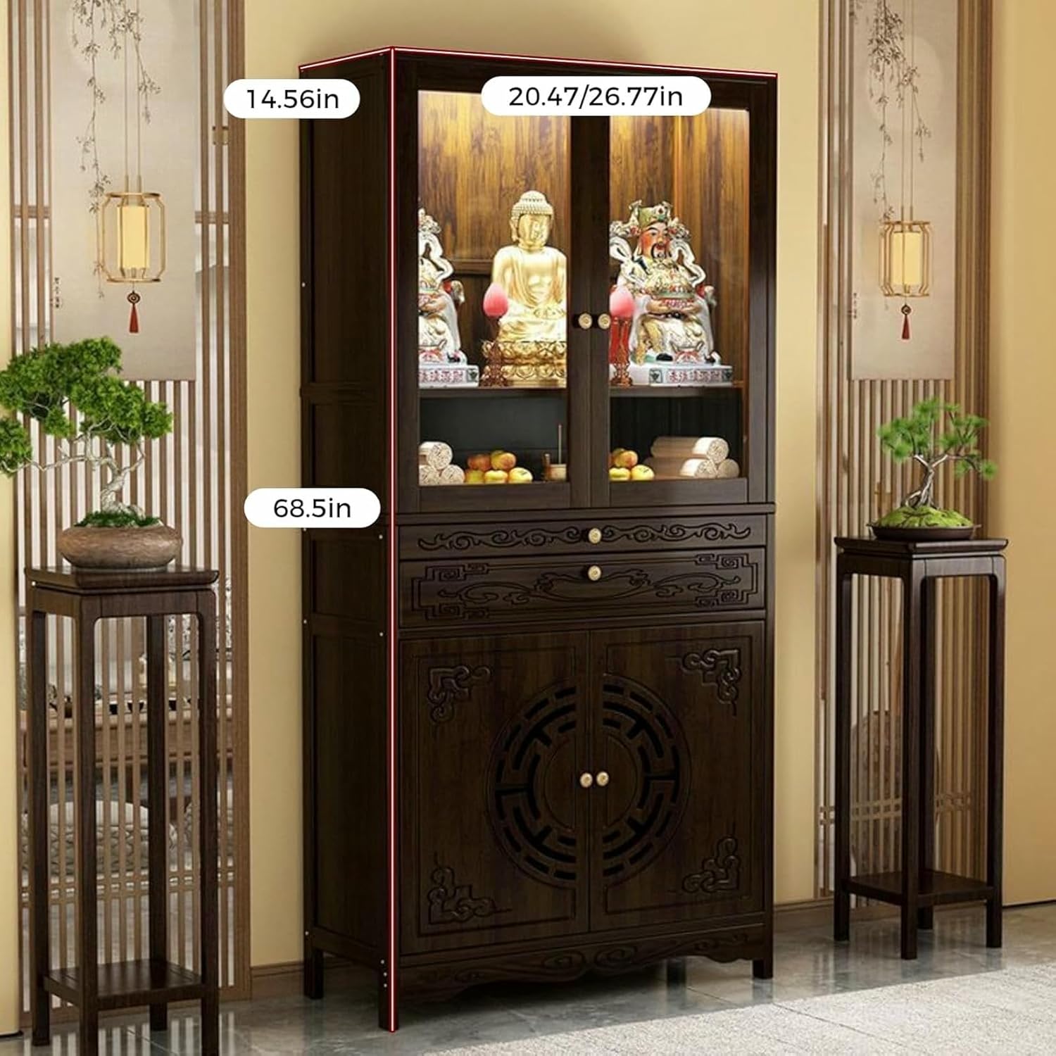 Altar Table with Storage Altar Cabinet,Guanyin God of Wealth Guangong Display Pedestal Offering Pooja Table,Chinese Buddha Niche Cabinet with Doors for Living Room