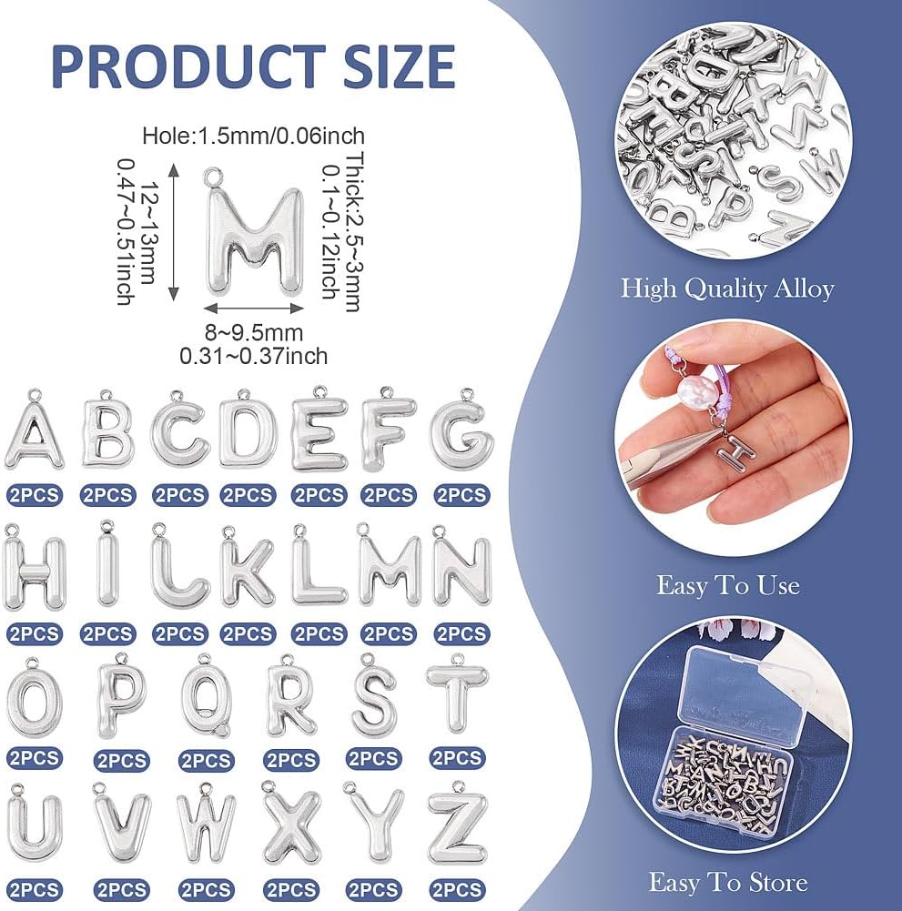 FASHEWELRY 52Pcs Alloy Letter Charms Silver Smooth Alphabet Letter A-Z Initial Charms Dangle Charm Letters for Initial Jewelry Making Necklace Bracelets Keychain DIY Crafts - Image 3