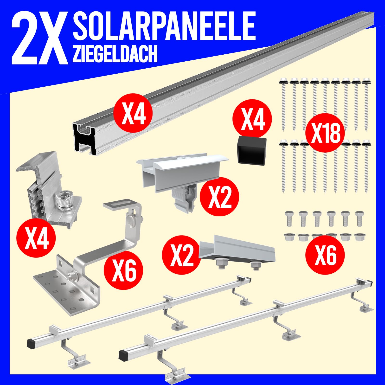 SET 2x PV-Module, PV, Photovoltaik, Aufständerung, Ziegeldach, Dachhalterung, Befestigung, Halter, Halterung, Solar, Solarmodul, Solarpanel, PV Halter, 25-40mm - 0%