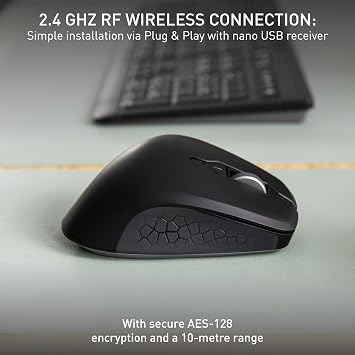 Cherry Stream Mouse Comfort, Wireless Ergonomic Mouse with Rubberized Thumb Rest, for Right-Handers, 2.4 GHz, 6 Whisper-Quiet Buttons, Battery-Powered, Black