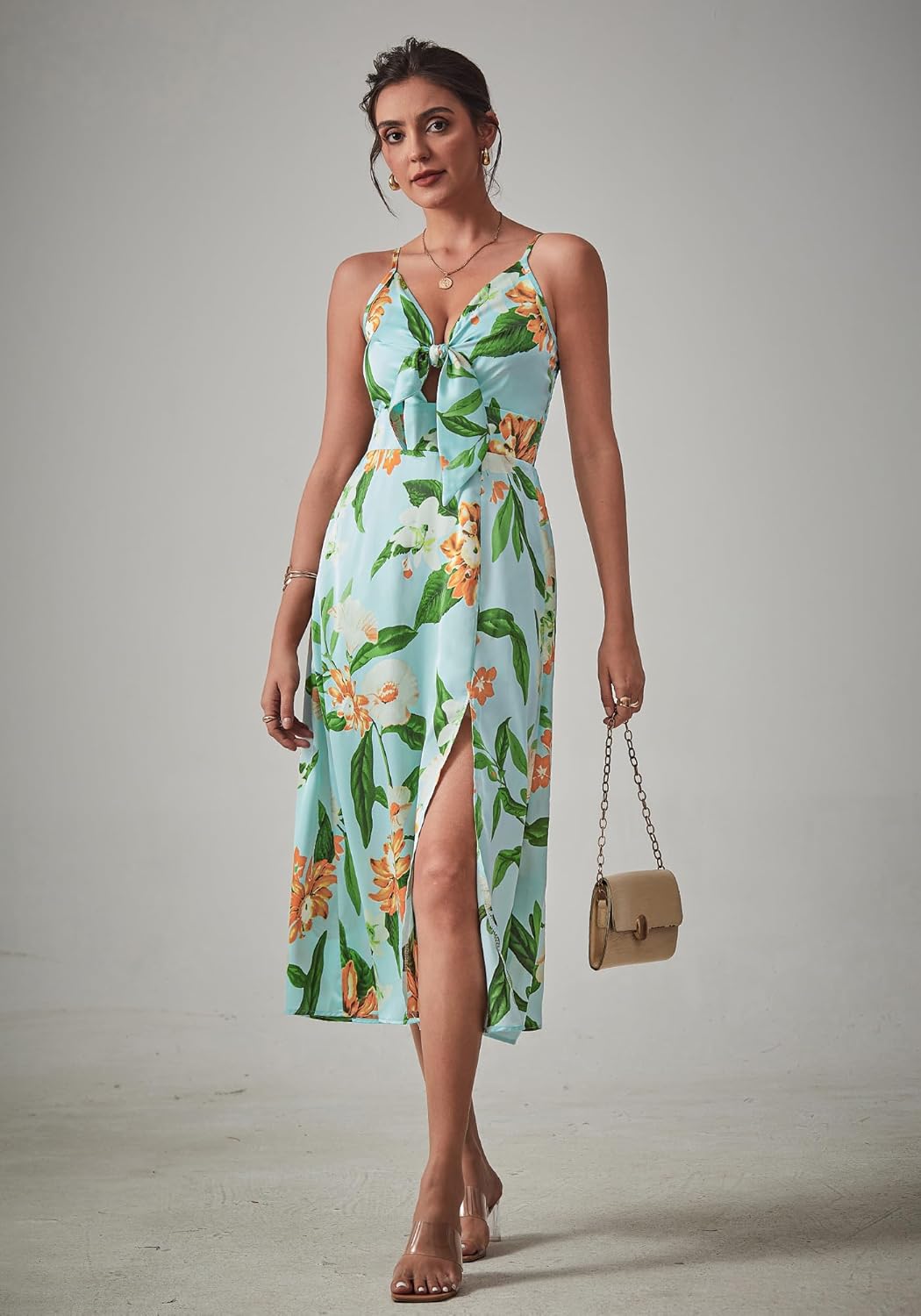 Fashionme Women Spaghetti Strap Midi Satin Dresses Tie Front Backless Slit Cutout Dress Semi-Formal/Casual Flowy Lightweight - Image 6