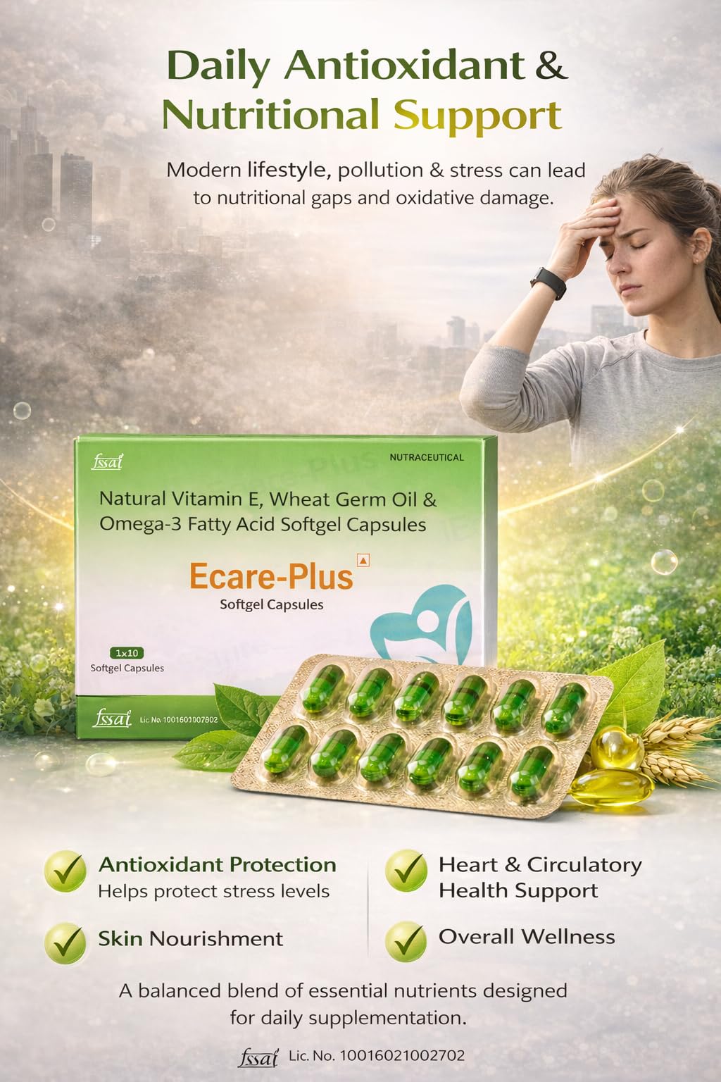 Omega-3 Fatty Acids, Natural Vitamin E, Wheat Germ Oil, Skin & Hair Wellness Supplement, Softgel Capsules, 10 counts — Amazon image 2