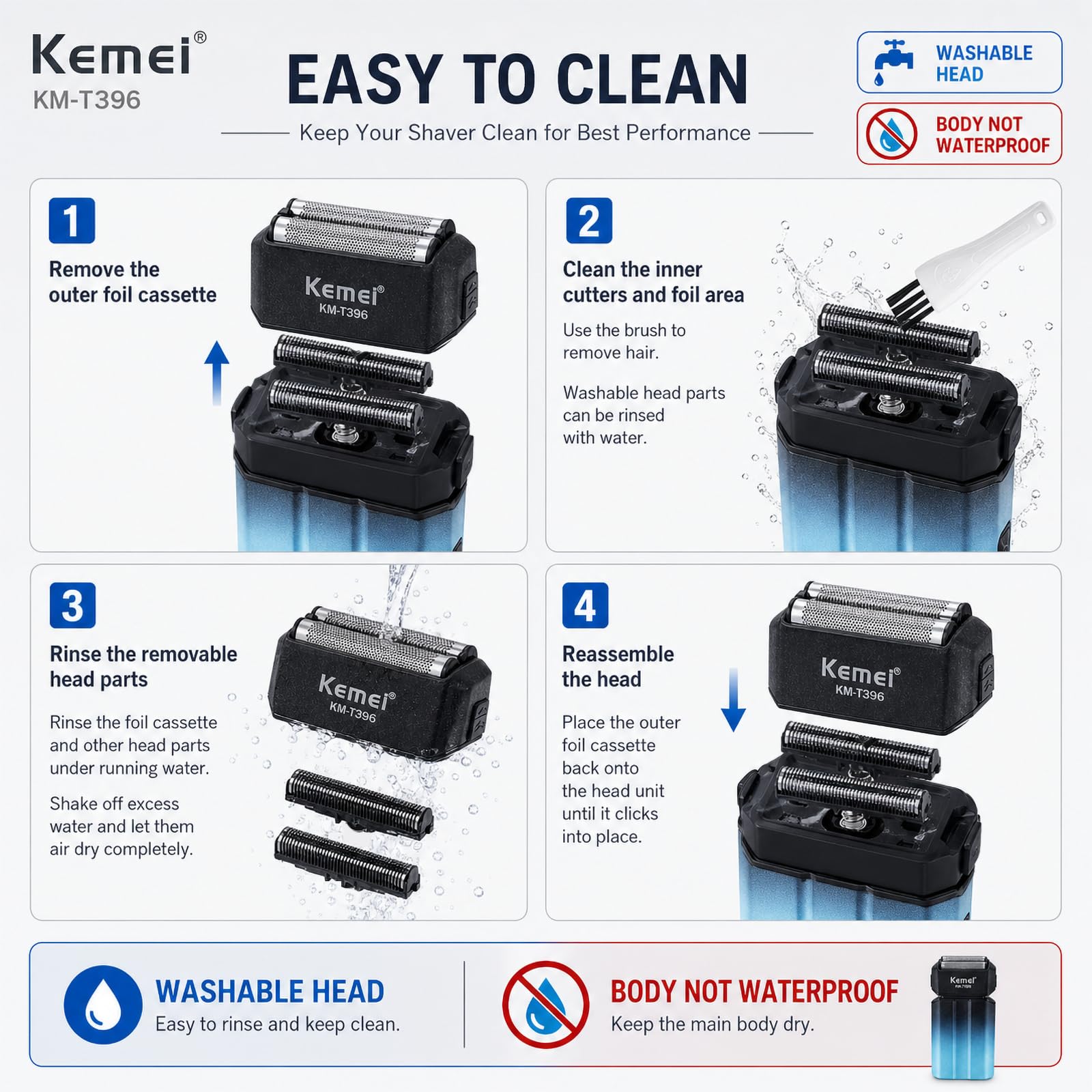 Kemei KM-T396 - Rasoio elettrico da uomo, con 3 lame galleggianti, 7500 giri/min, ricaricabile, senza fili, tipo C, durata 120 minuti, display a LED, blocco da viaggio, blu