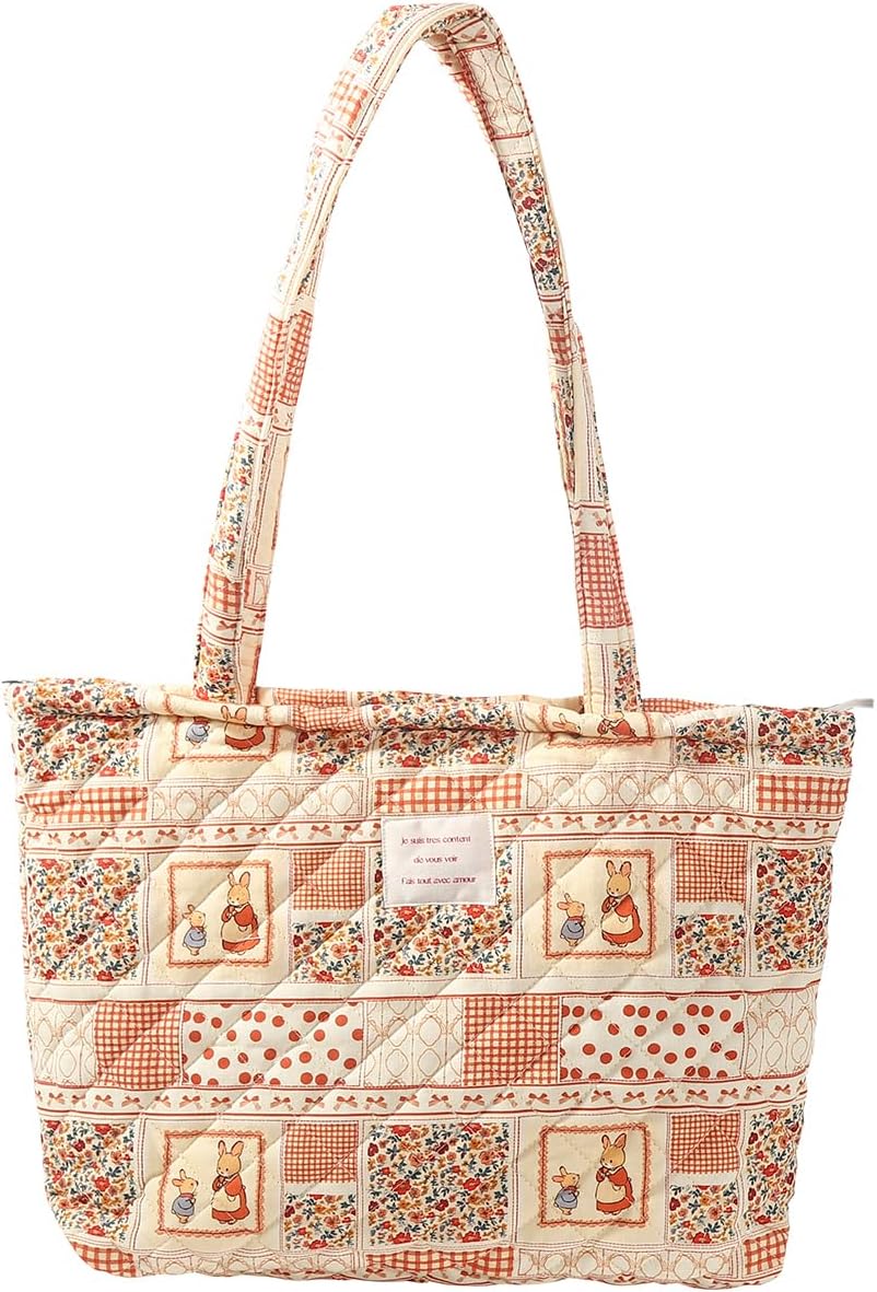Floral Quilted Tote Bag with Zipper Lightweight Reusable for Women Cotton Shoulder Bag for Travel Shopping Daily Use