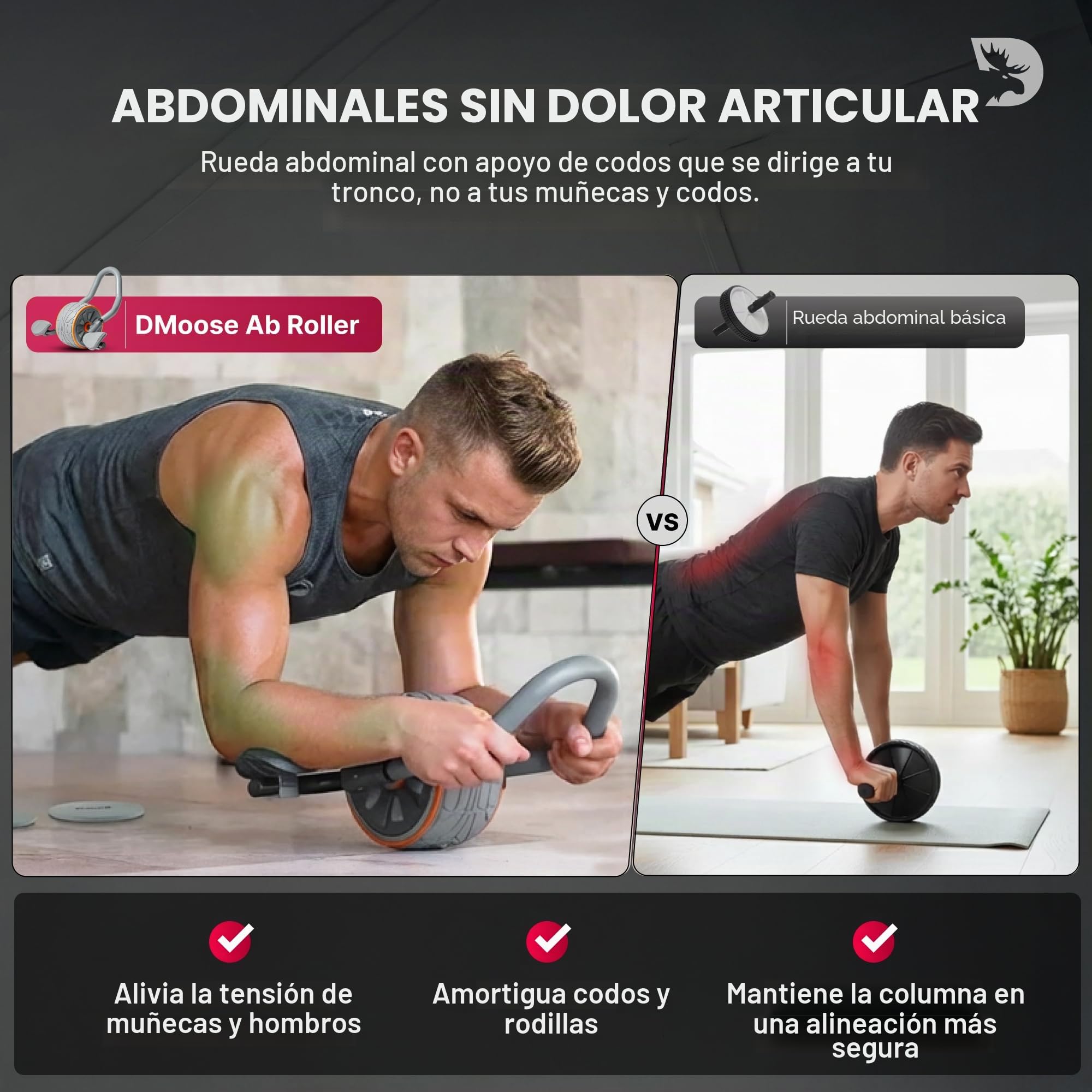 DMoose Fitness Rueda de rodillo para abdominales con soporte para el codo y 2 rodilleras, entrenador de ejercicio abdominal para entrenamiento de fuerza central, equipo de entrenamiento de abdominales
