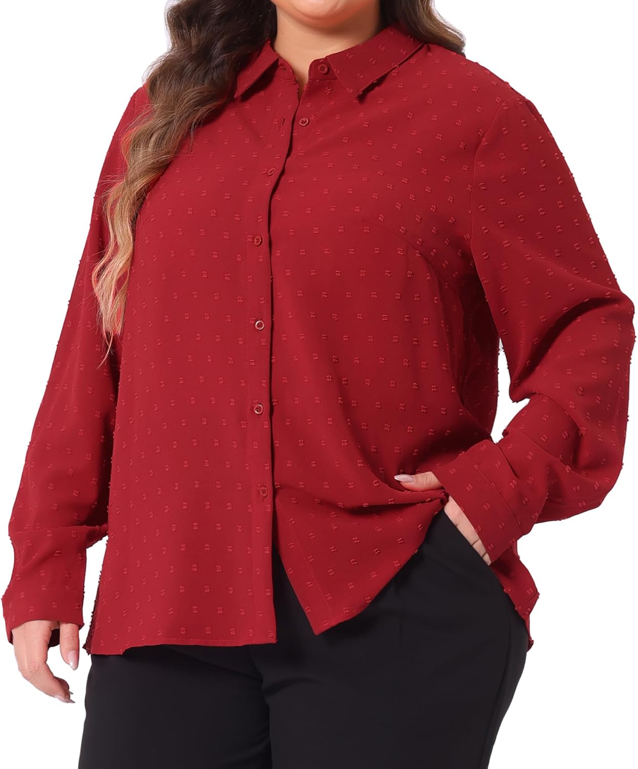 Agnes Orinda Plus Size Swiss Dots Shirt for Women Long Sleeve Button Down Shirts Tops Blouses - Image 2