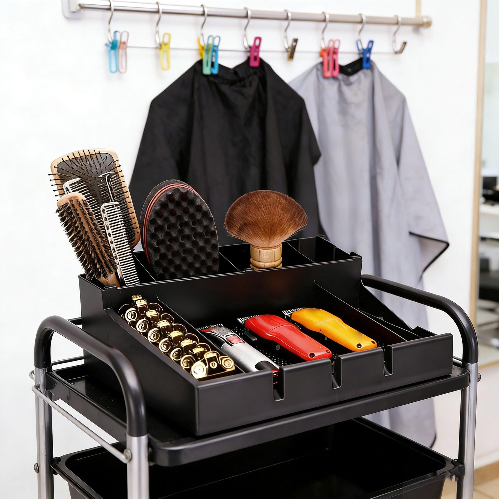 Luocute Organizzatore per Postazione Barbiere, Grande Organizer per Attrezzi Salone in Plastica Rigida con Base Antiscivolo e Scomparto Staccabile, Porta Attrezzi Parrucchiere (Staccabile)