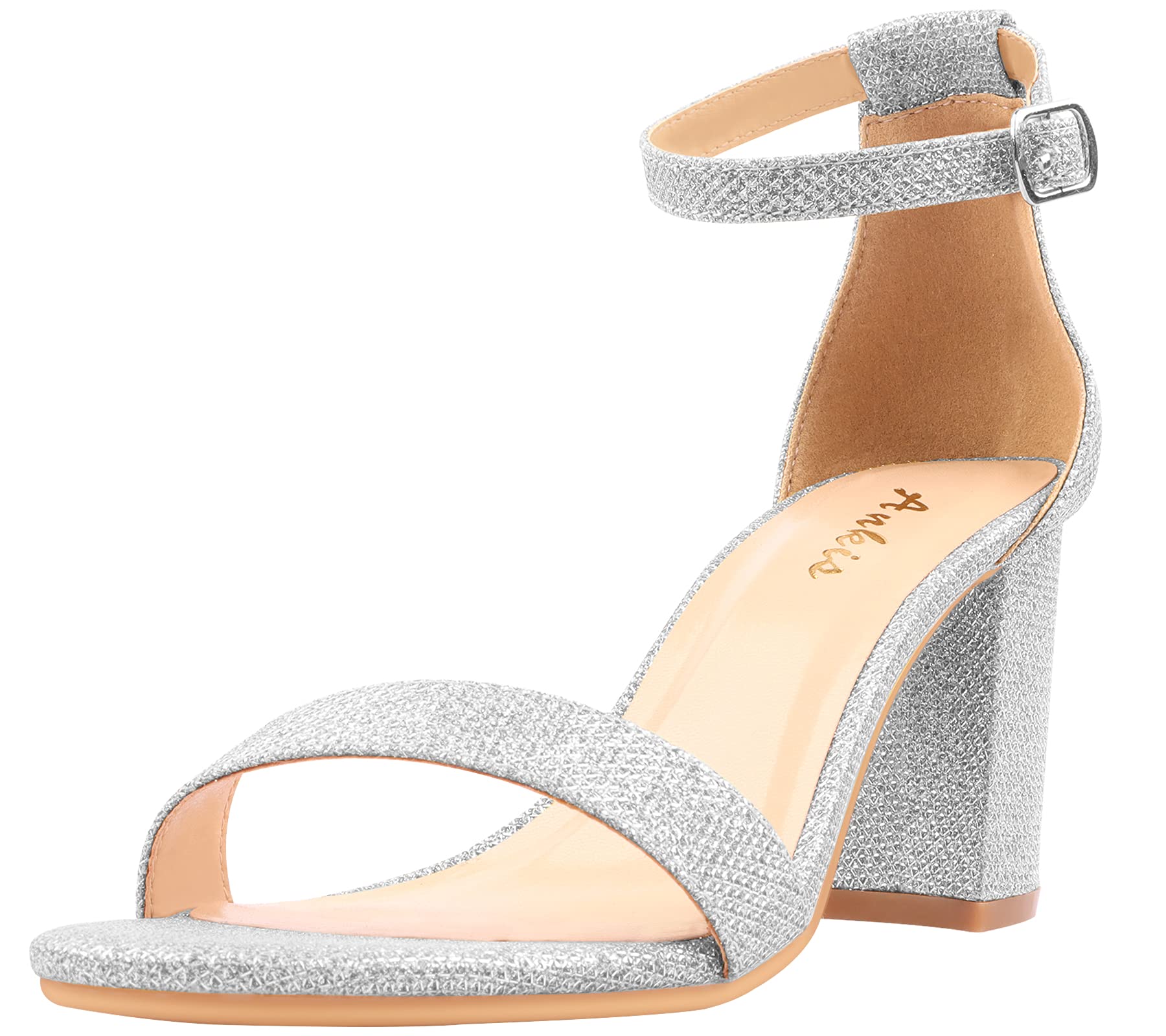 Ankis Nude Black Silver Gold Heels for Women Open Toe Ankle Strap Chunky Heel Pump Sandals Party Wedding Strappy Buckle Sandals Standard Size 2.75 Inches Tall Thick Heel Design