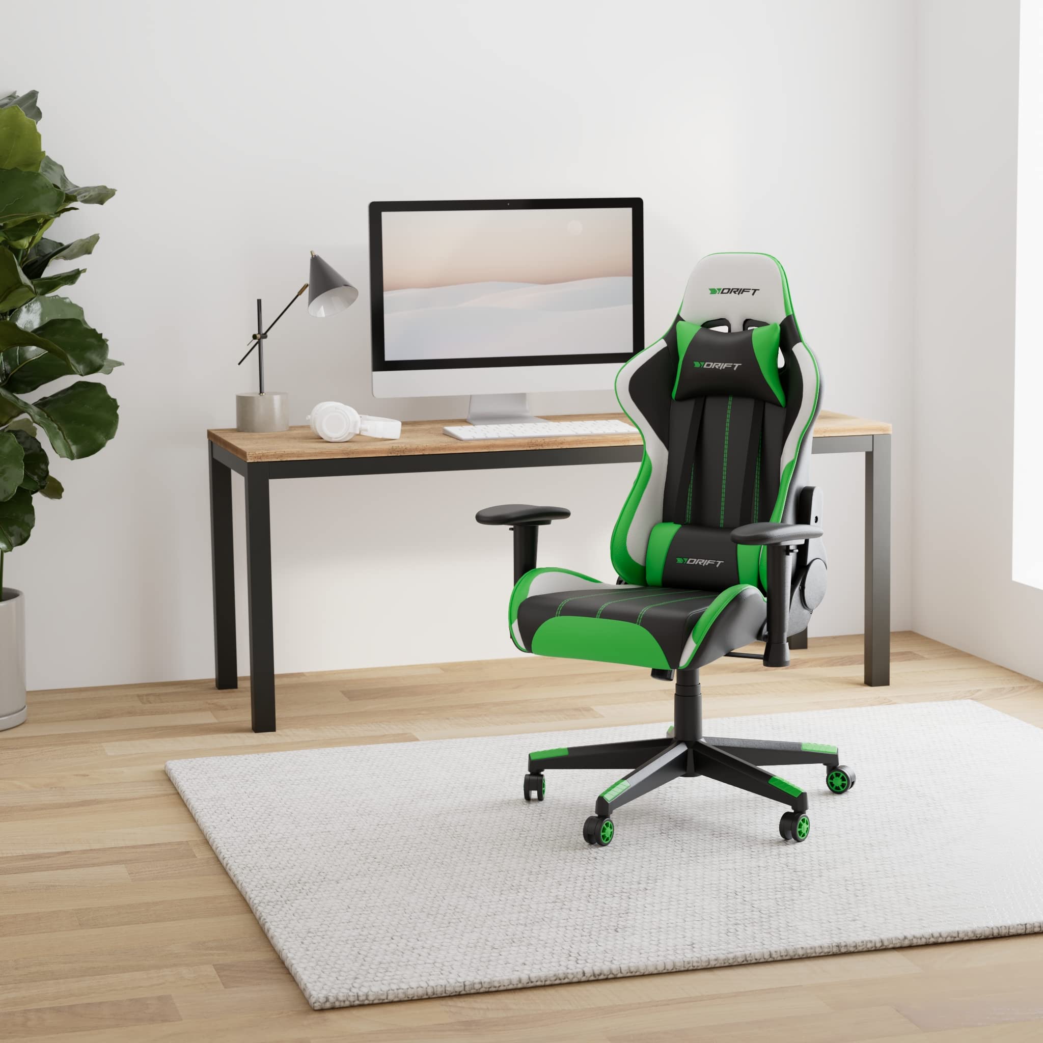 DRIFT GAMING DR175 - Silla Gaming Profesional, polipiel, reposabrazos ajustables 2D, pistón clase 4, giratoria, mecanismo de mariposa, cojín lumbar y cervical, color negro/blanco/verde