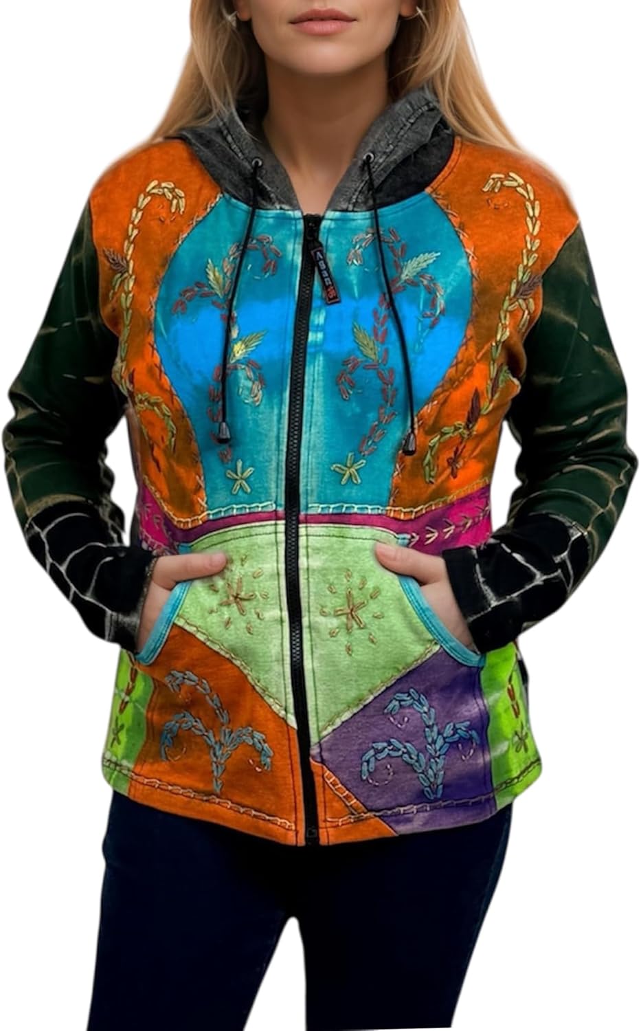 Agan Traders Women's 2026 Winter Boho Rib Knit Patch Tie-dye Hoodie Sweatshirt Jacket
