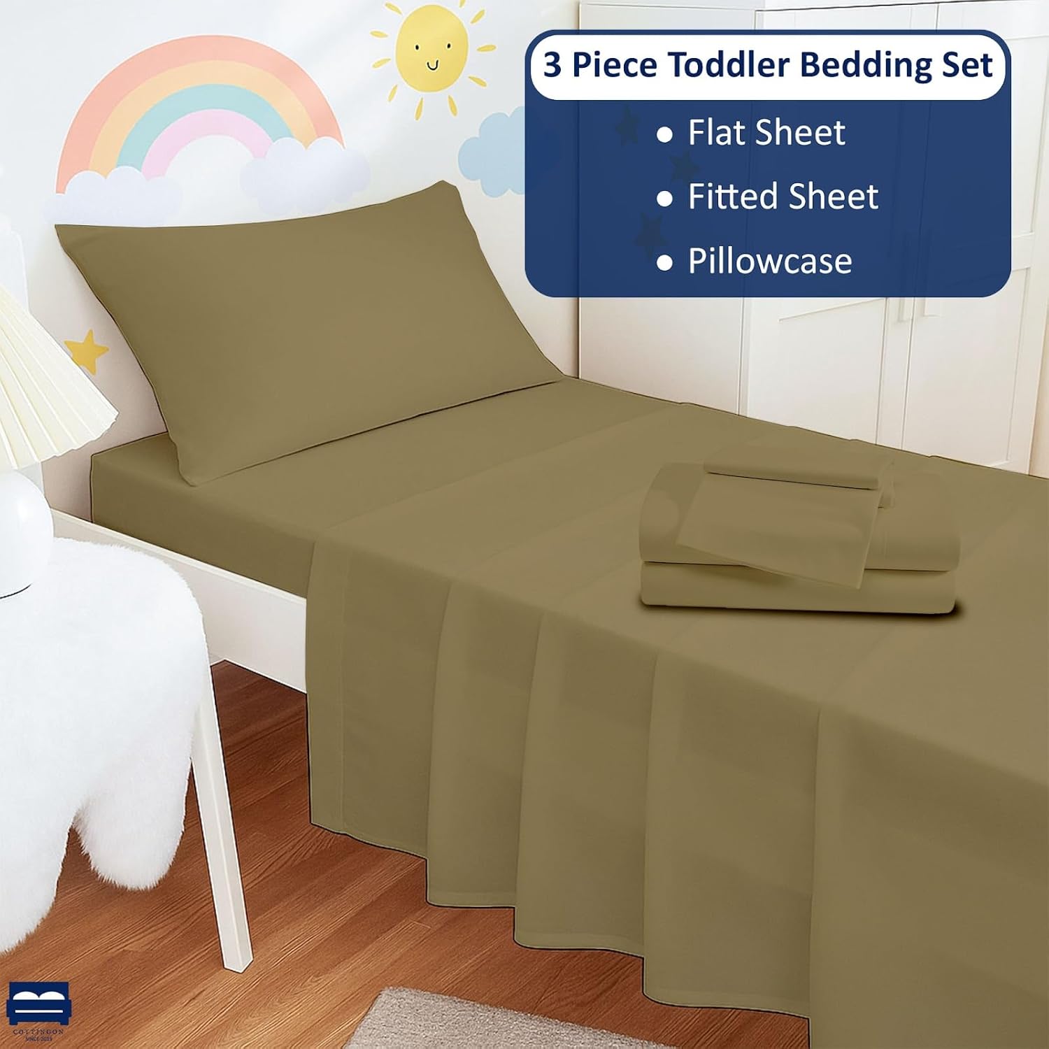 Cottingon Toddler Sheet Set, Solid Crib Fitted Sheet Flat Sheet and Envelope Pillowcase, Baby Bedding Sheet & Pillowcase Sets-3 Piece Toddler Bedding Set-100% Cotton(Taupe)(28 x 52 + 5-8 inches Deep)