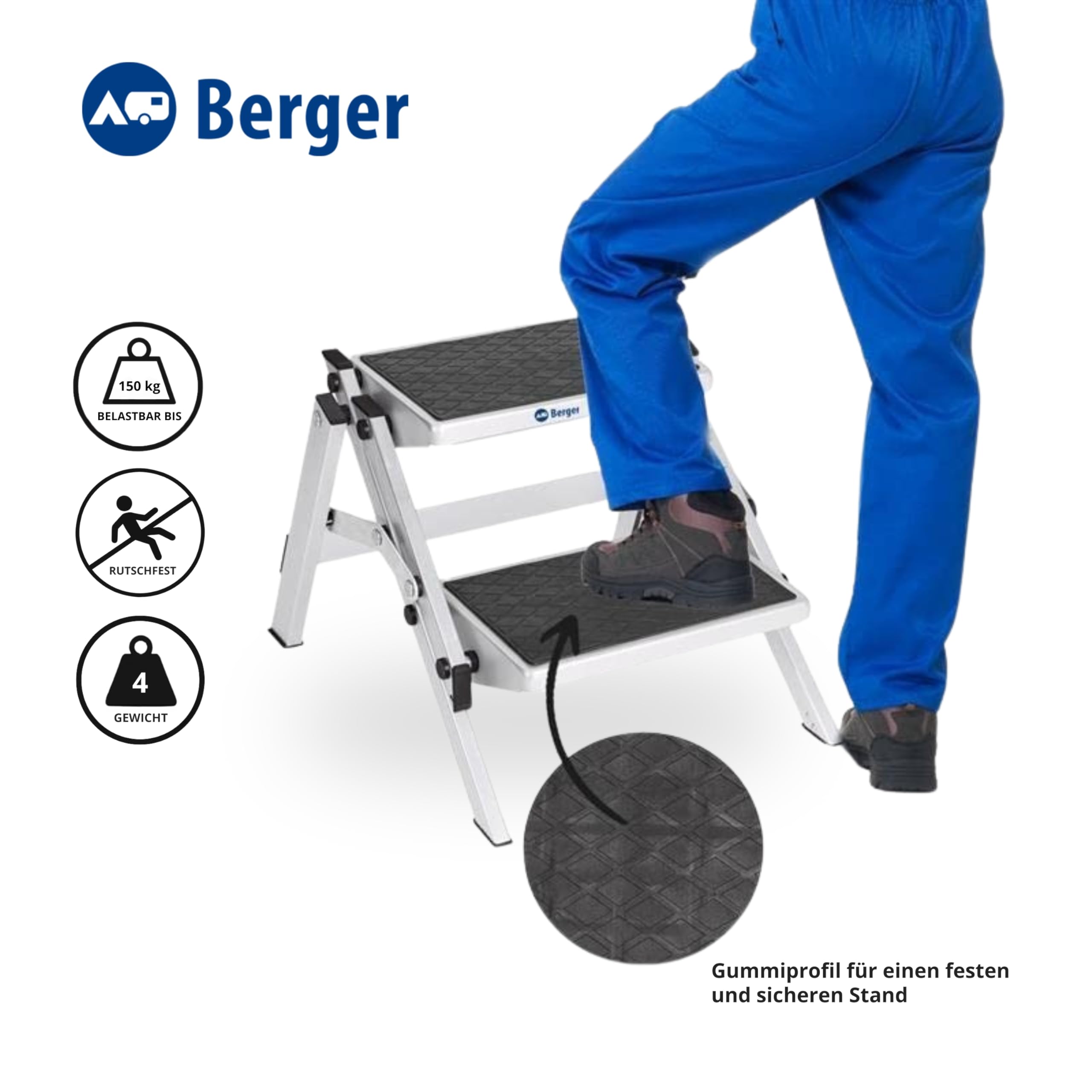 BERGER Trittleiter 2 Stufen klappbar | zusammenklappbar mit Rutschfester Gummimatte | Trittstufe Wohnwagen Tritt 2 Stufen | Tritthocker bis 150 kg belastbar (Aluminium)
