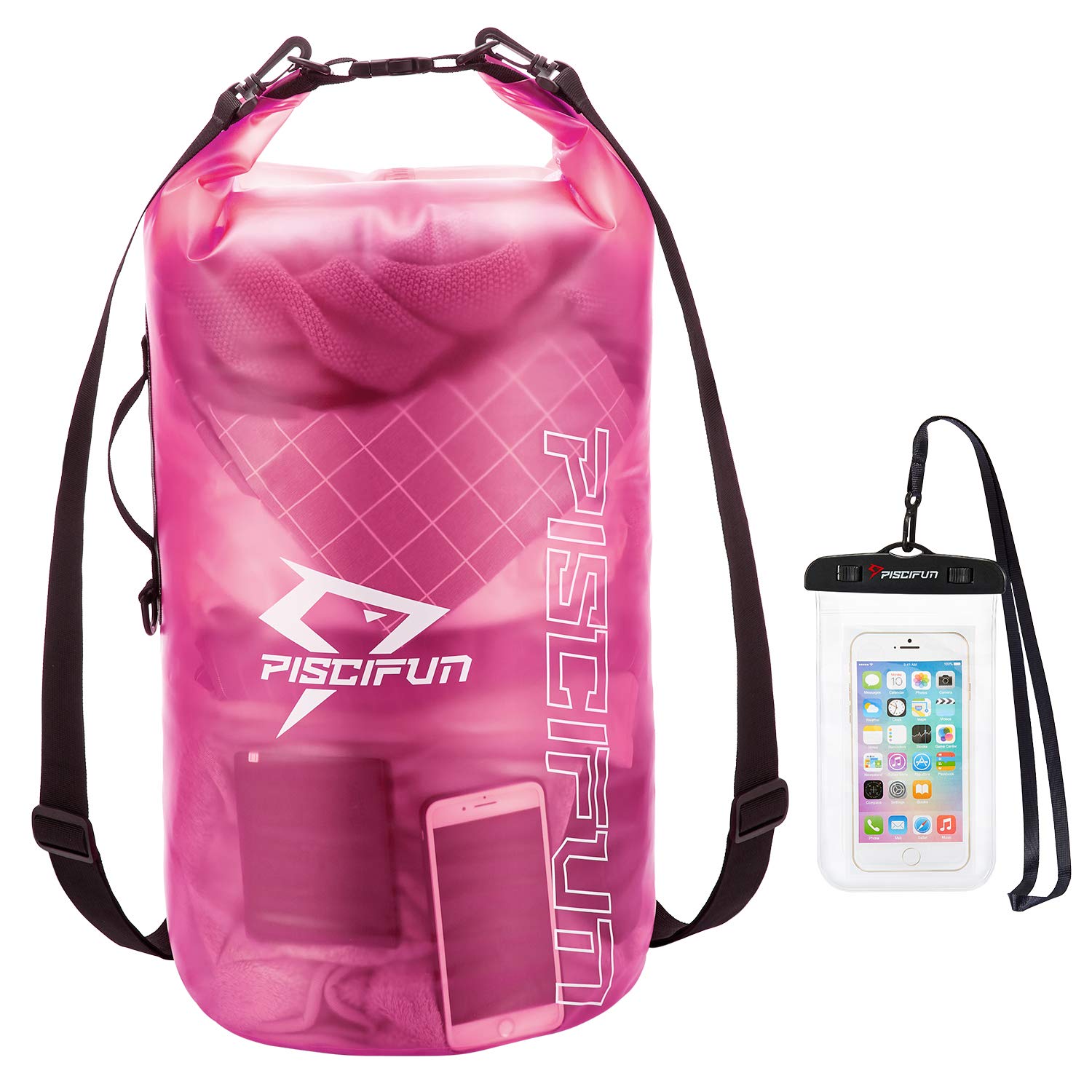 Piscifun Waterproof Dry Bag with Phone Case for Women and Men, Transparent Dry Bag Lightweight Dry Bag Backpack for Beach, Swimming, Boating, Kayaking, Surfing and Fishing 5L Pink