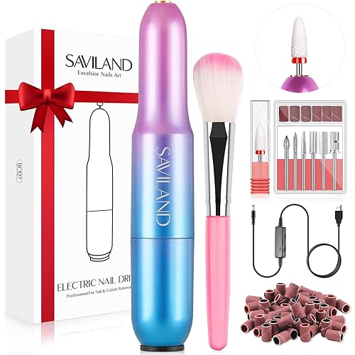 SAVILAND Portable Electric Nail Drill - 20000 RPM USB Electric Nail File with 7 Nail Drill Bits & 51 Sanding Bands for Nail Prep Acrylic Nails Dip Nails Gel Nails Home Salon Use