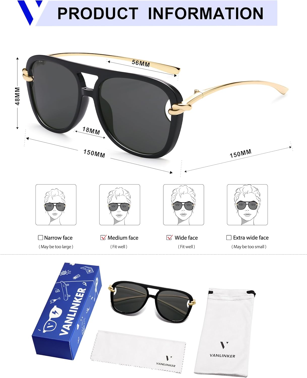 VANLINKER Trendy Square Aviator Sunglasses for Women Men Retro 70s Oversized Aviators Shades VL9910 - Image 6