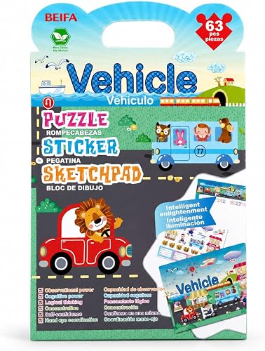 63PCS Vehicle Activity Kit for Kids, Puzzle, Stickers & Sketch Pad Creative Set