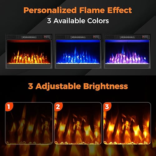 Miniatura 7 de Tangkula Chimenea eléctrica de 23 pulgadas, inserto de chimenea de 5,000 BTU con control remoto, piedras de cristal, color de llama ajustable y