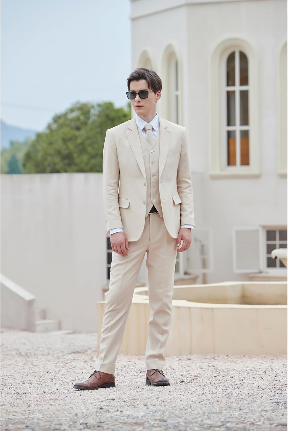 Men's Herringbone Linen Suits Beach Wedding Tuxedo Summer Slim Fit Light Weight 3 Pieces Blazer Jacket Vest Pants Tie Set