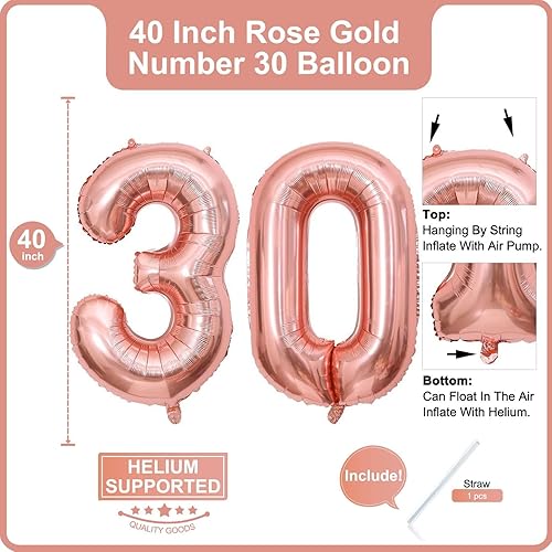 Miniatura 2 de Lovoir Globo de oro rosa de 40 pulgadas con número de 30 dígitos gigantes de papel de aluminio de Mylar para helio de 30 años, decoraciones de