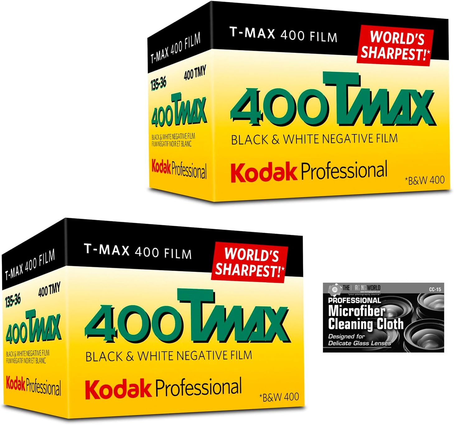 Kodak Professional T-Max 400 Black and White Negative Film (35mm Roll Film, 36 Exposures) - World's Sharpest Film 2-Pack with Microfiber Cleaning Cloth