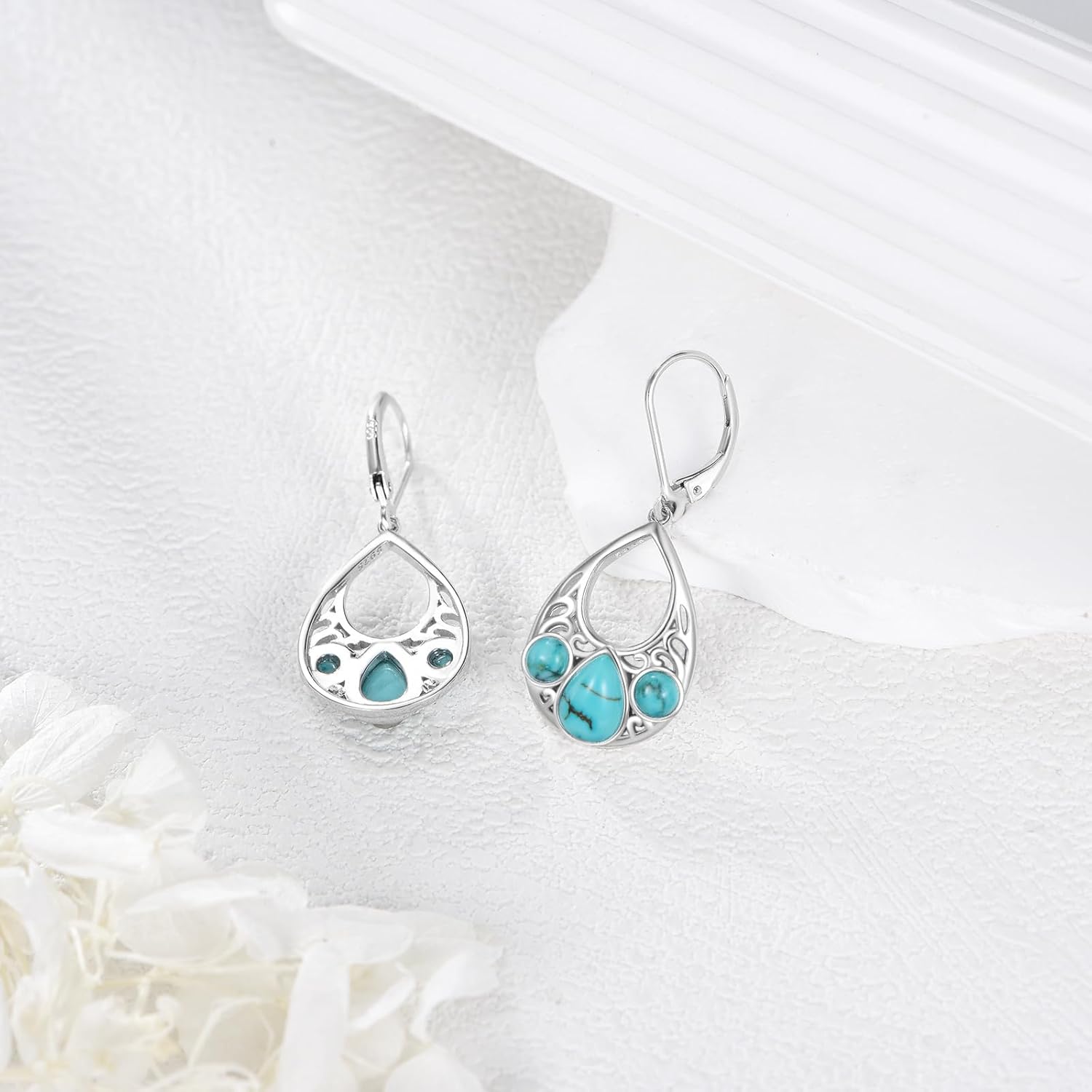 Genuine Turquoise Moissanite Dangle Earrings 925 Sterling Silver Teqrdrop/Round Turquoise Leverback Earrings Jewelry Gift for Women - Image 4