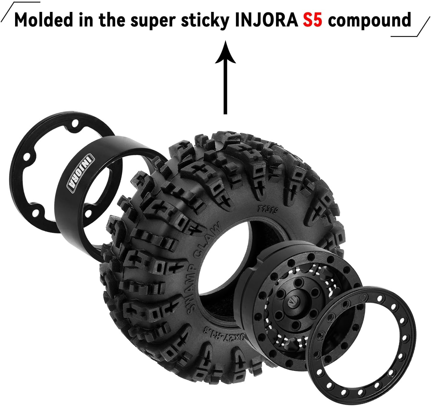 INJORA 1.3" Wheel Tires Set - S5 Swamp Claw Mud Terrain Tires and Aluminum Wheel for 1/18 1/24 SCX24 TRX4M Upgrade RC Crawler Car