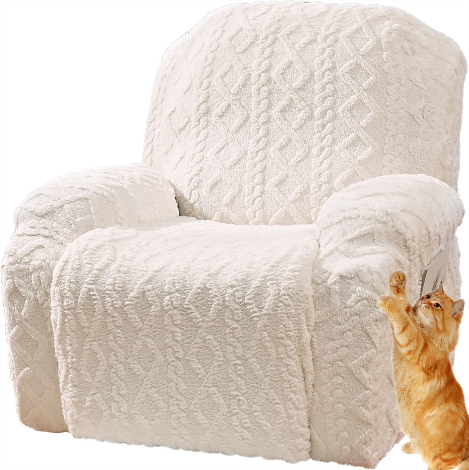 Funda de sillón relax elástica de felpa jacquard para 1 plaza con bolsillos