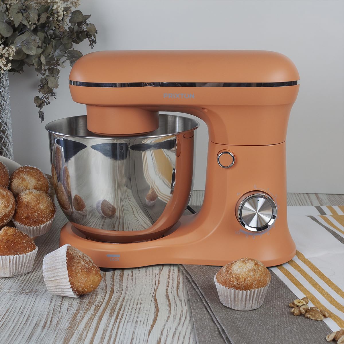 PRIXTON Batidora Amasadora KR250 para Repostería, Potencia 1500W, 10 Velocidades, Bol Acero Inoxidable de 5 litros, 3 accesorios, Tapa Transparente, Color Naranja Mate (Reacondicionado)