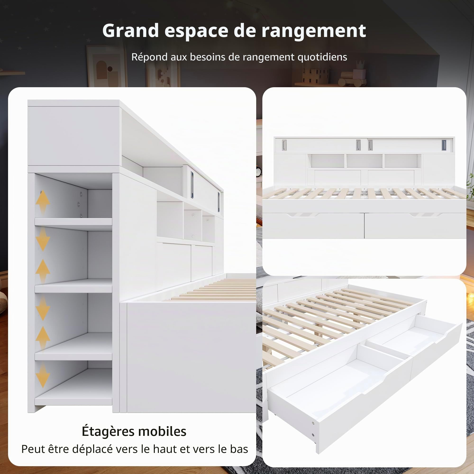 Sapgaks Lit 90 x 190 avec sommier à Lattes,Cadre de lit Coffre 90 x 190 cm,Lit Enfant Simple,avec tiroirs,étagère et Compartiment de Rangement,Matelas Non Inclus,Blanc