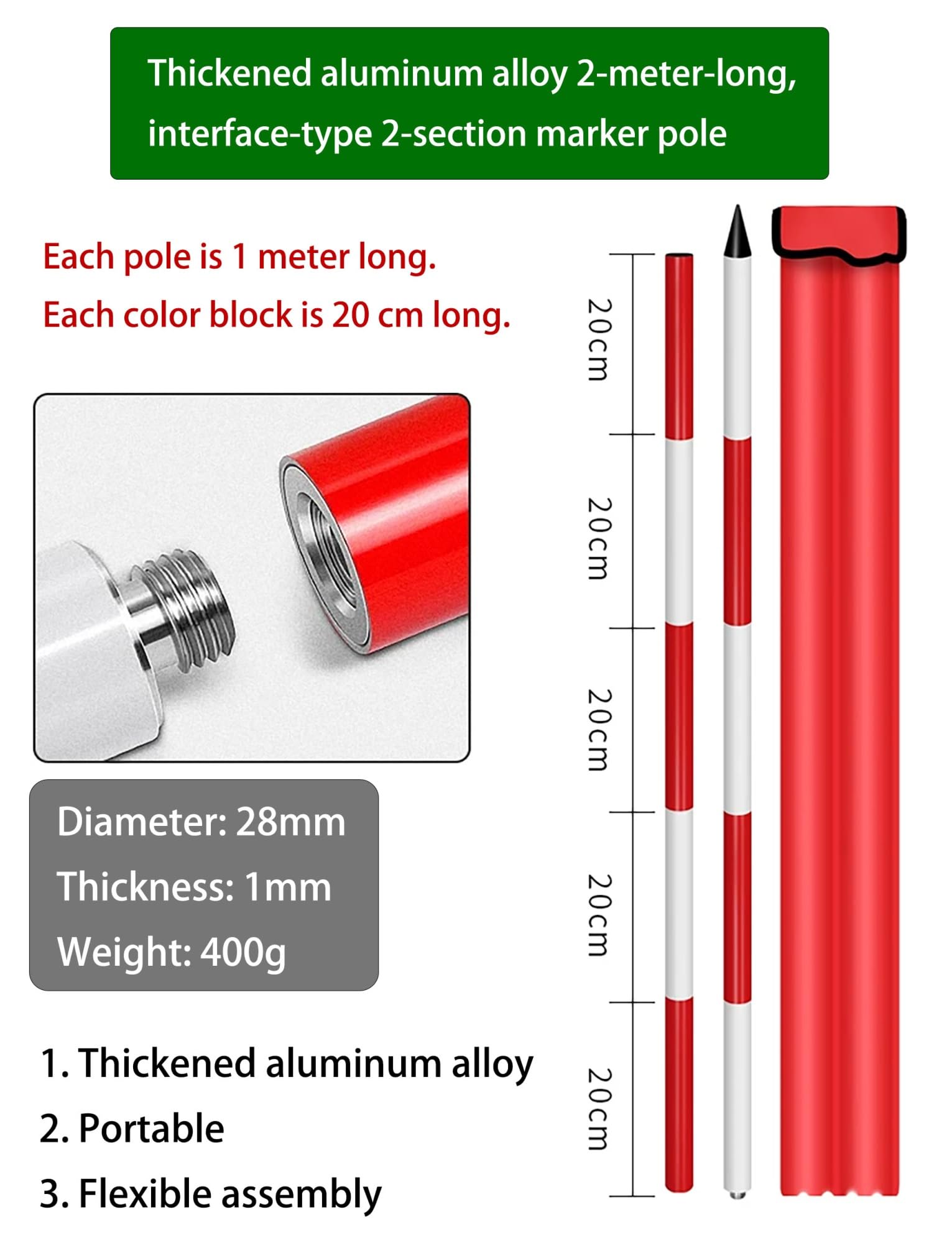 Poste topográfico de aluminio de 2/3/5 metros, rojo ajustable for topografía, construcción de carreteras y establecimiento de sitios(200cm/6.6ft)