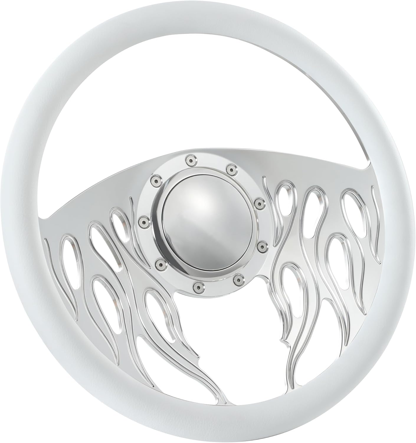 Flashpower 14'' Billet Flame Half Wrap 9 Bolts Steering Wheel with 2'' Dish and Horn Button (White)