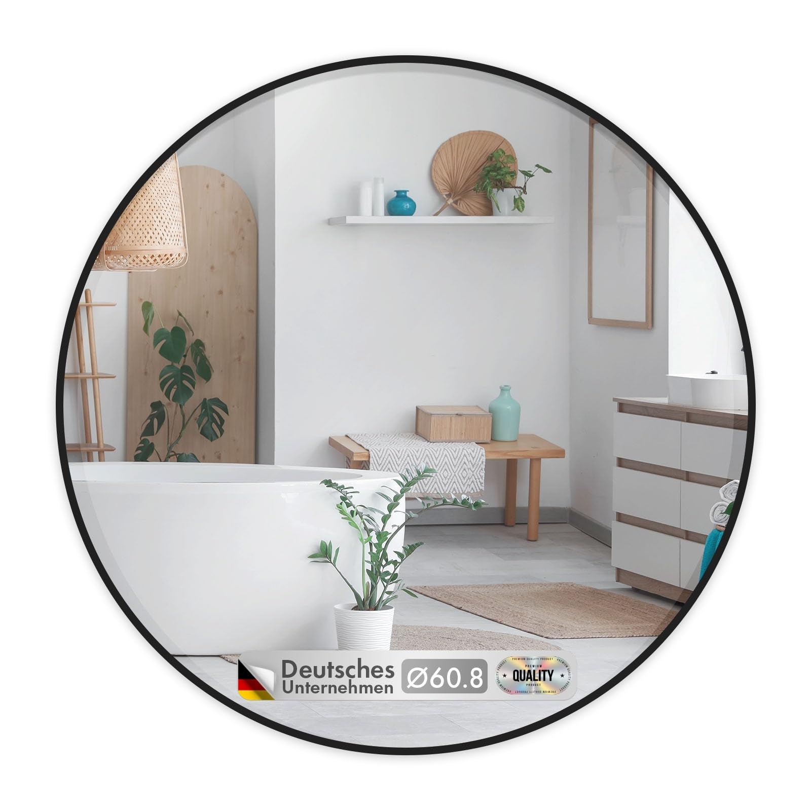 KARAT Miroir Mural Rond pour Salle de Bain et Chambre, avec Cadre en Alliage d'aluminium Noir Bella, Ø 60 cm, Verre trempé avec Film de sécurisé, Design élégant, Fixation Murale ou Poser sur Table