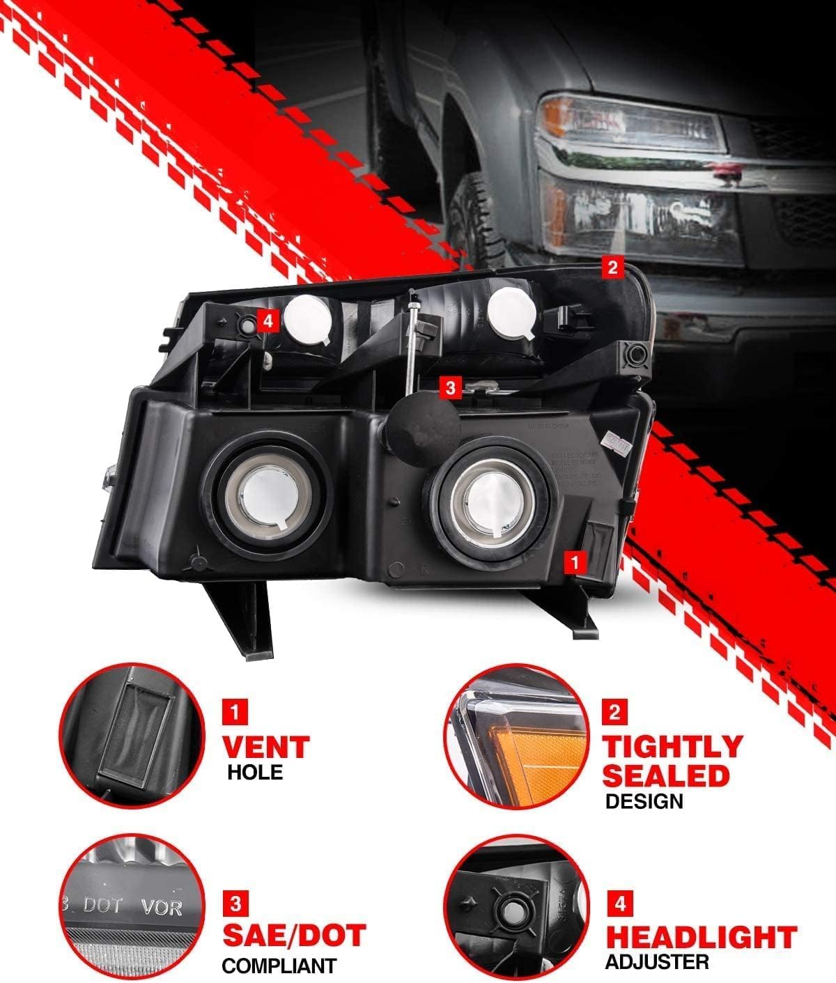 Torchbeam Headlight Assembly, Fit for i290 2007-2008, i280 i350 2006, i370 2007-2008, Bumper Headlamp Black Housing Amber Reflector