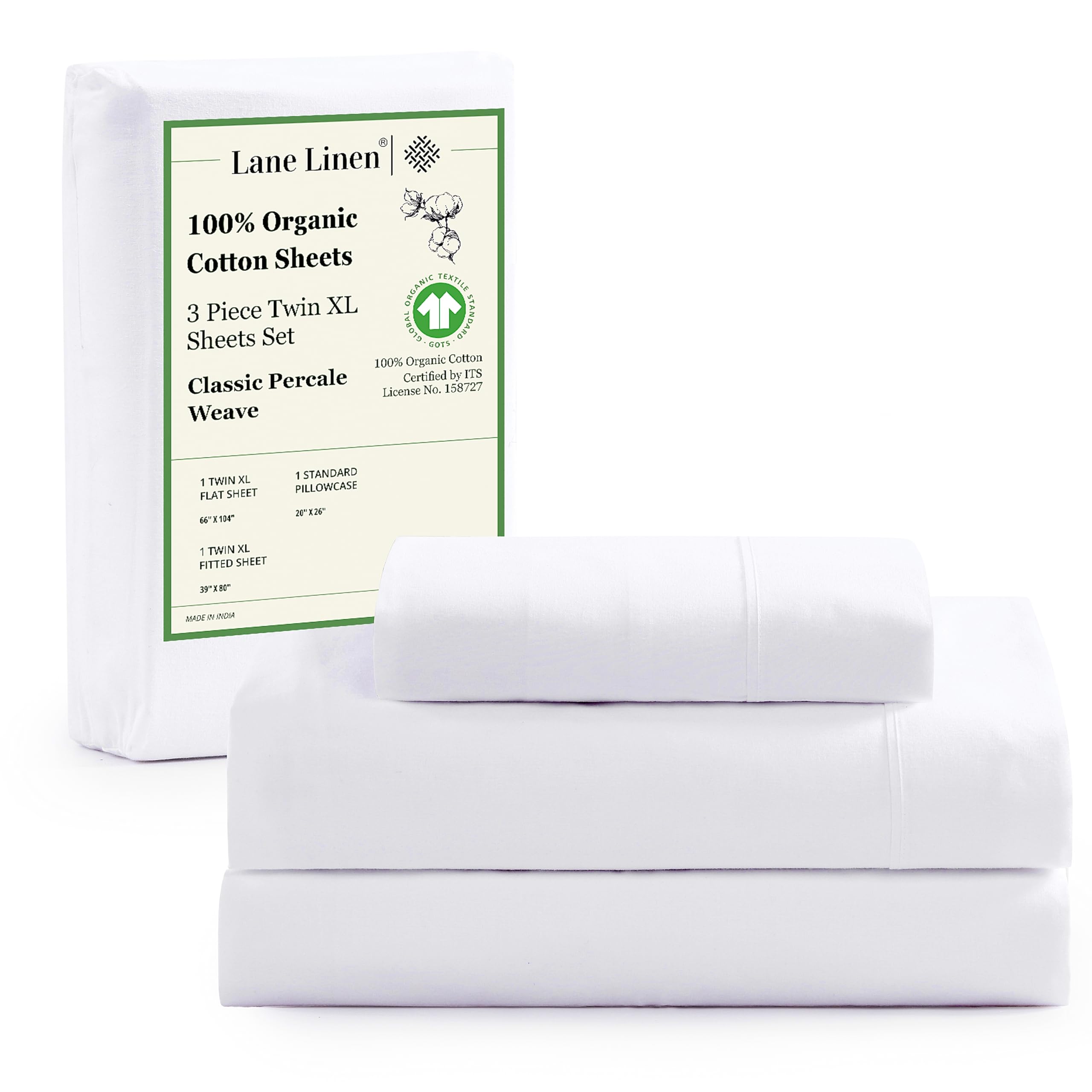 LANE LINEN 100% Organic Cotton White Twin XL Sheets Set 3-Piece Pure Percale Soft Bedding Breathable Fits Mattress Upto 15" DeepOEKO-TEX STANDARD 100