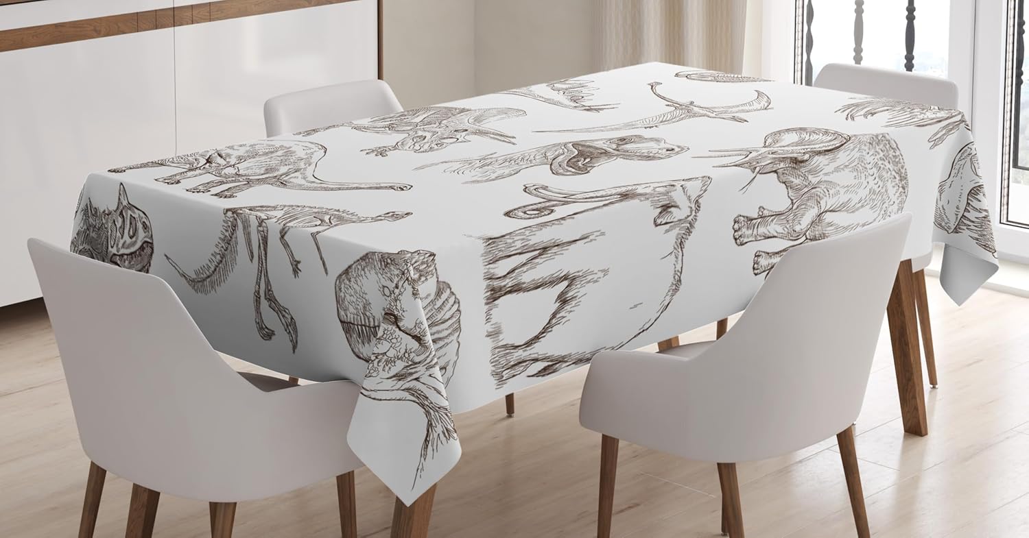 Ambesonne Jurassic Tablecloth, Arrangement of Various Dinosaurs Illustrations Skeleton Biology Historic, Dining Room Kitchen Rectangular Table Cover, 60" X 84", Dark Brown