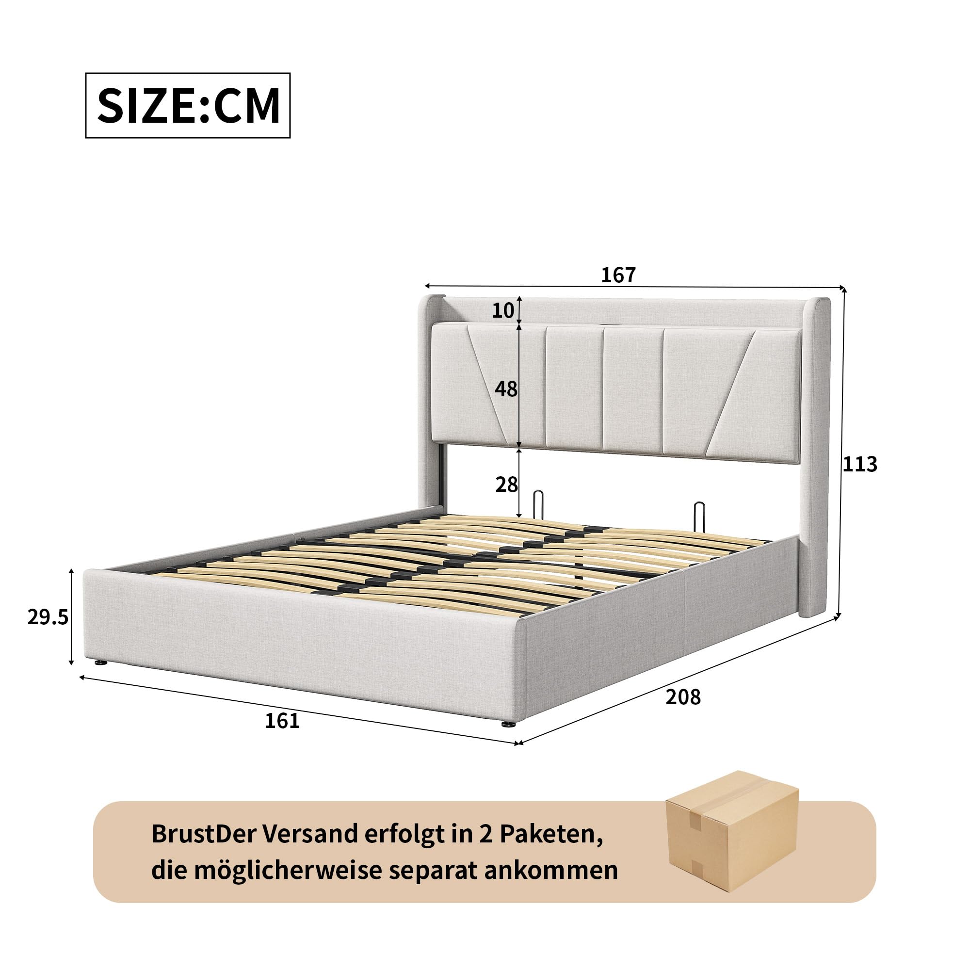 Łóżko podwójne 160 x 200 cm, z gniazdkami, tapicerowane łóżko z oświetleniem LED i hydraulicznym schowkiem, łóżko 160 x 200 cm ze stelażem i zagłówkiem, bez materaca, tkanina lniana