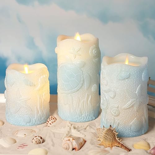 PETRISTRIKE Velas azules sin llama con control remoto, velas LED parpadeantes que funcionan con pilas, decoración temática de playa para el hogar,