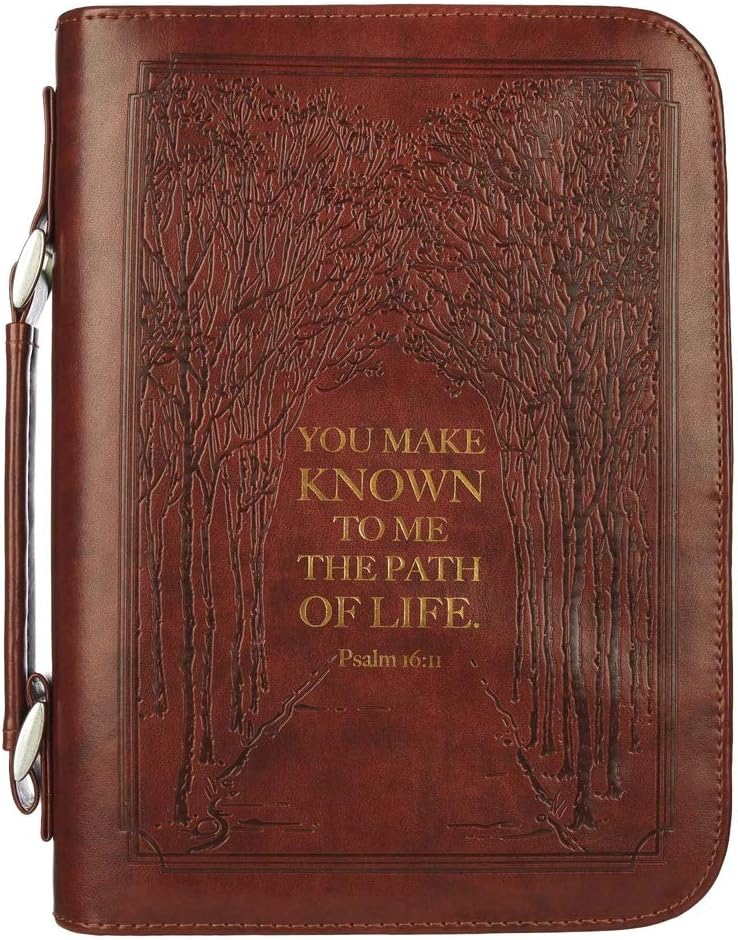 Christian Art Gifts Men's Classic Bible Cover The Path of Life Forest Psalm 16:11, Brown/Gold Faux Leather, Medium