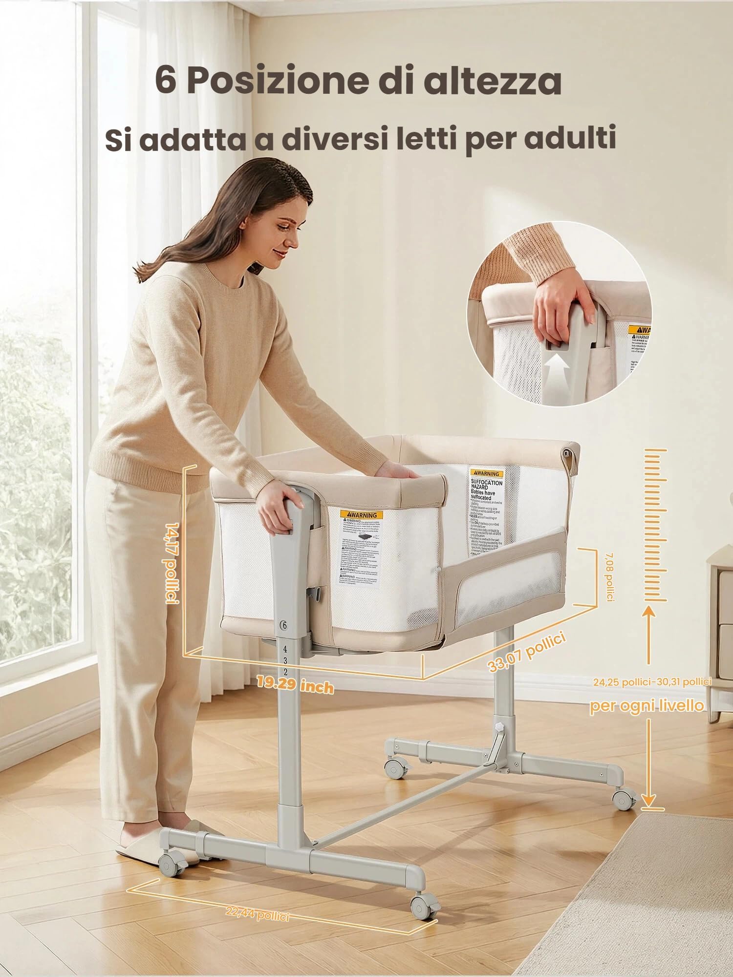 Culla Next To Me,Culla Neonato Fianco Letto 3-in-1 Oscillante con Ruote e Regolazione Altezza 6 Posizioni - Tessuto Mesh Traspirante e Materasso Morbido per Neonati e Infanti