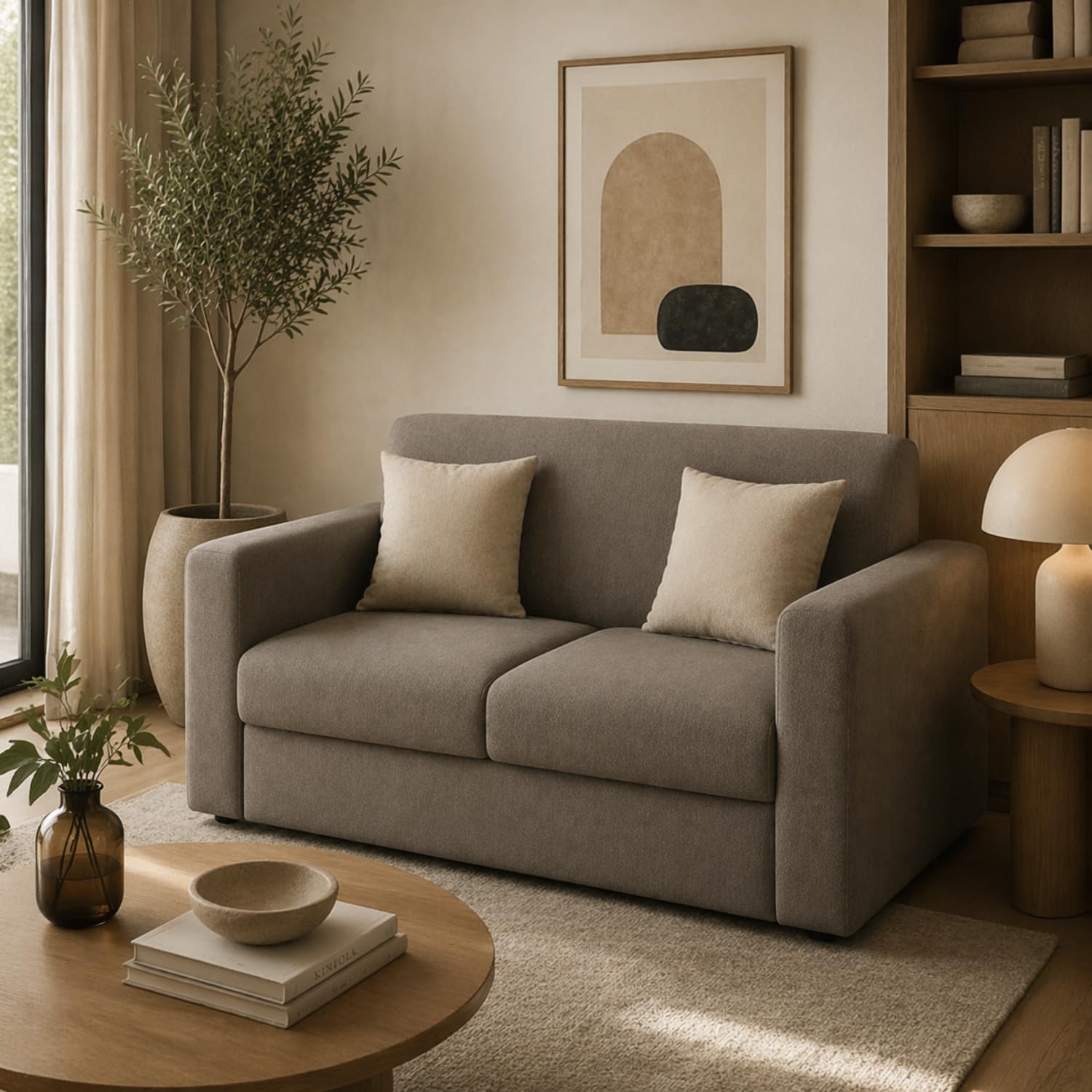 PALUPLUS Divano a 2 Posti in Tessuto, Misura 125x65x85 cm, Struttura in Legno MDF, Piedini in Plastica, Divanetto per Casa, Ufficio, In Omaggio 2 Cuscini a Contrasto, Made in Italy -32M (Tortora)